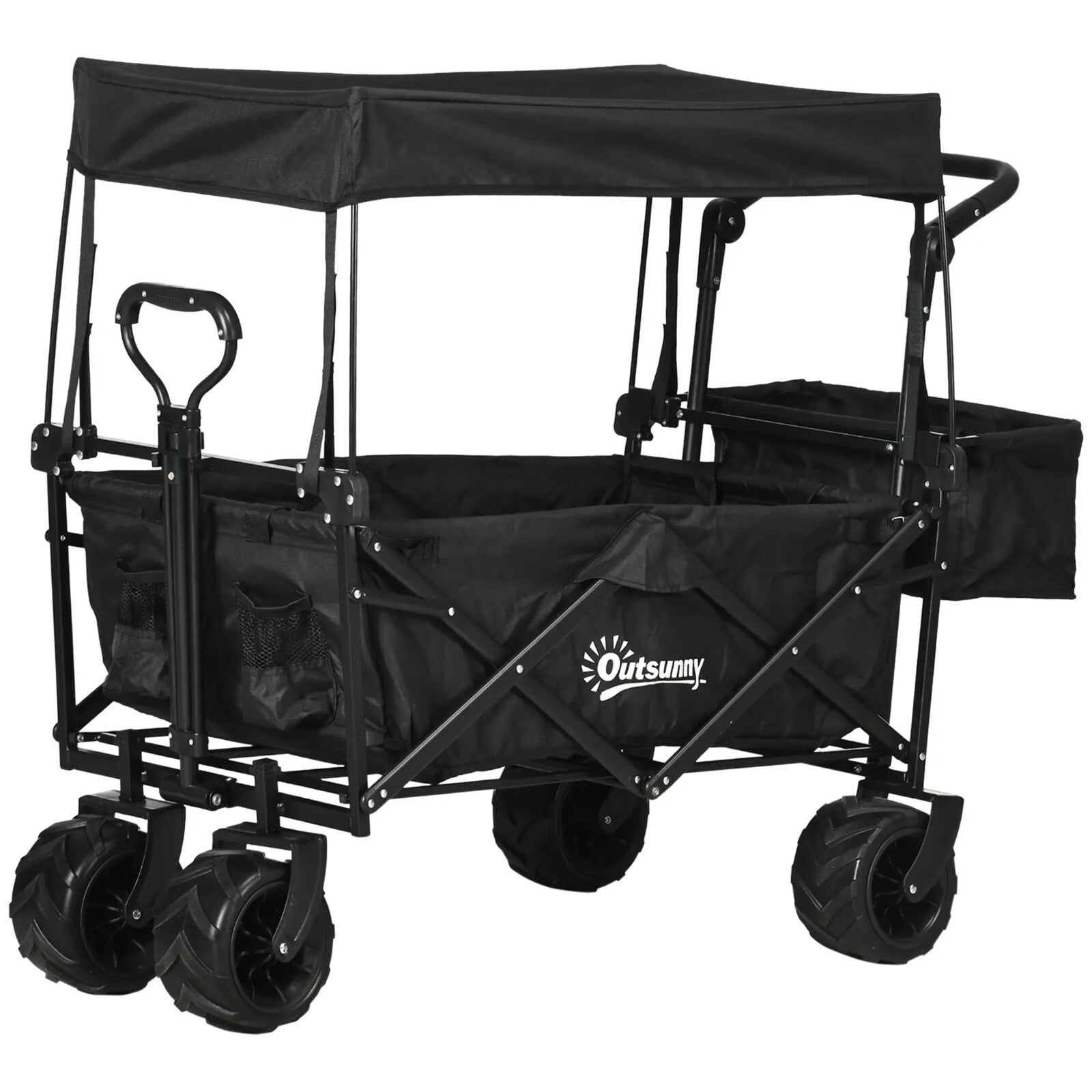 Folding Trolley Cart with Canopy & 4 - Wheel Beach Wagon Push Pull Trailer Black - Home and Garden Furniture Shop - rustic - furniture