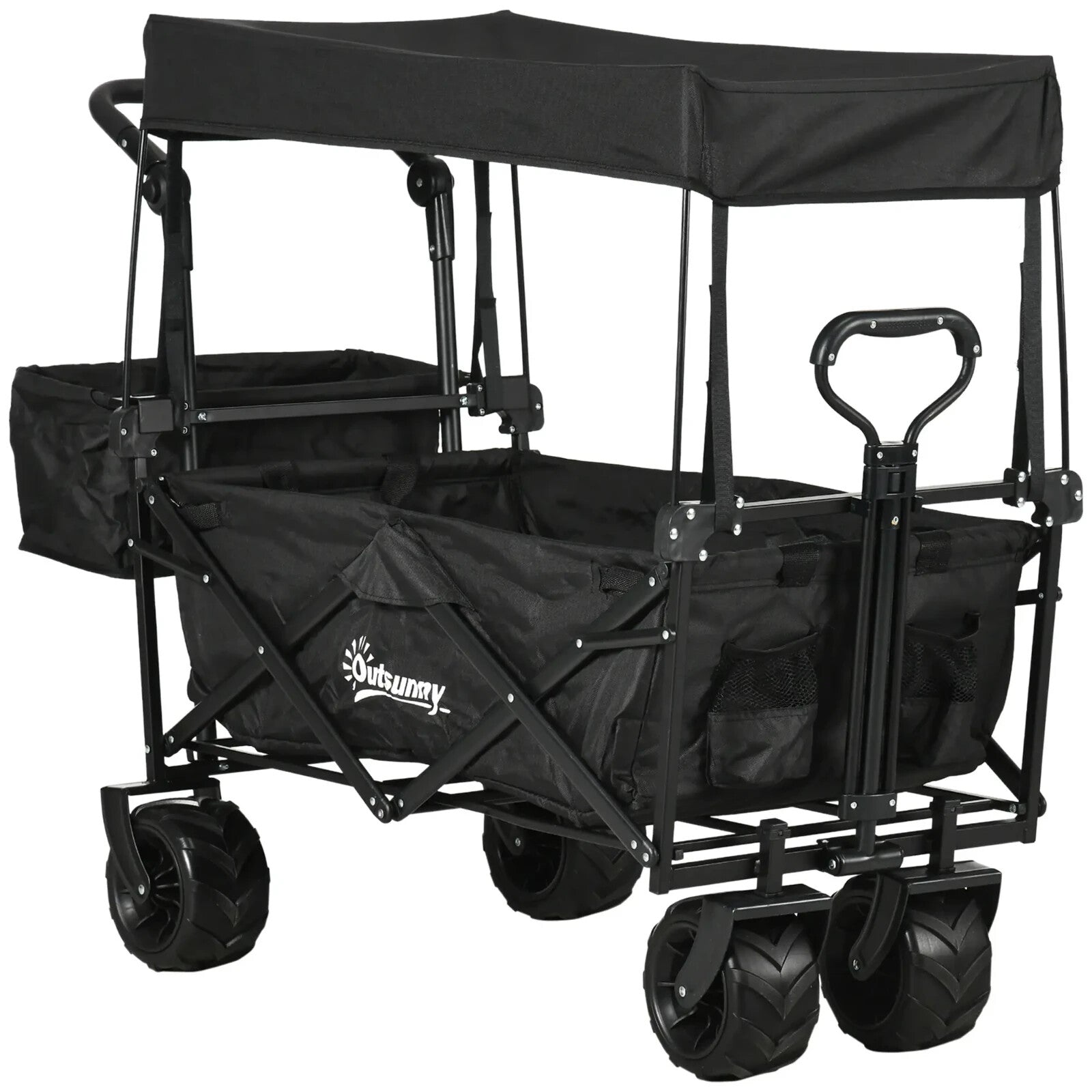 Folding Trolley Cart with Canopy & 4 - Wheel Beach Wagon Push Pull Trailer Black - Home and Garden Furniture Shop - rustic - furniture