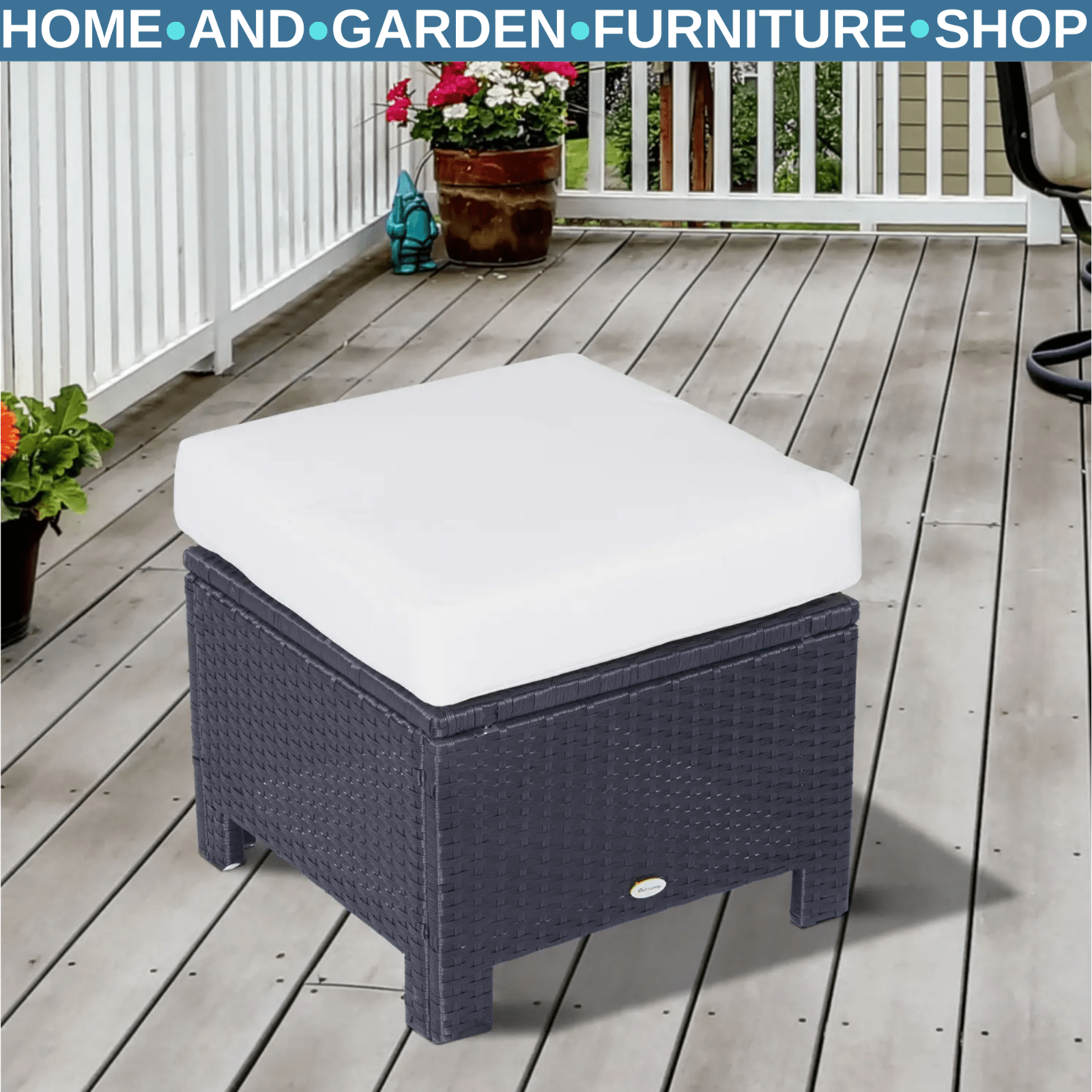 Footstool Rattan Wicker Padded Seat Cushion w/ Removable & Washable Cover Black - Home and Garden Furniture Shop - rustic - furniture