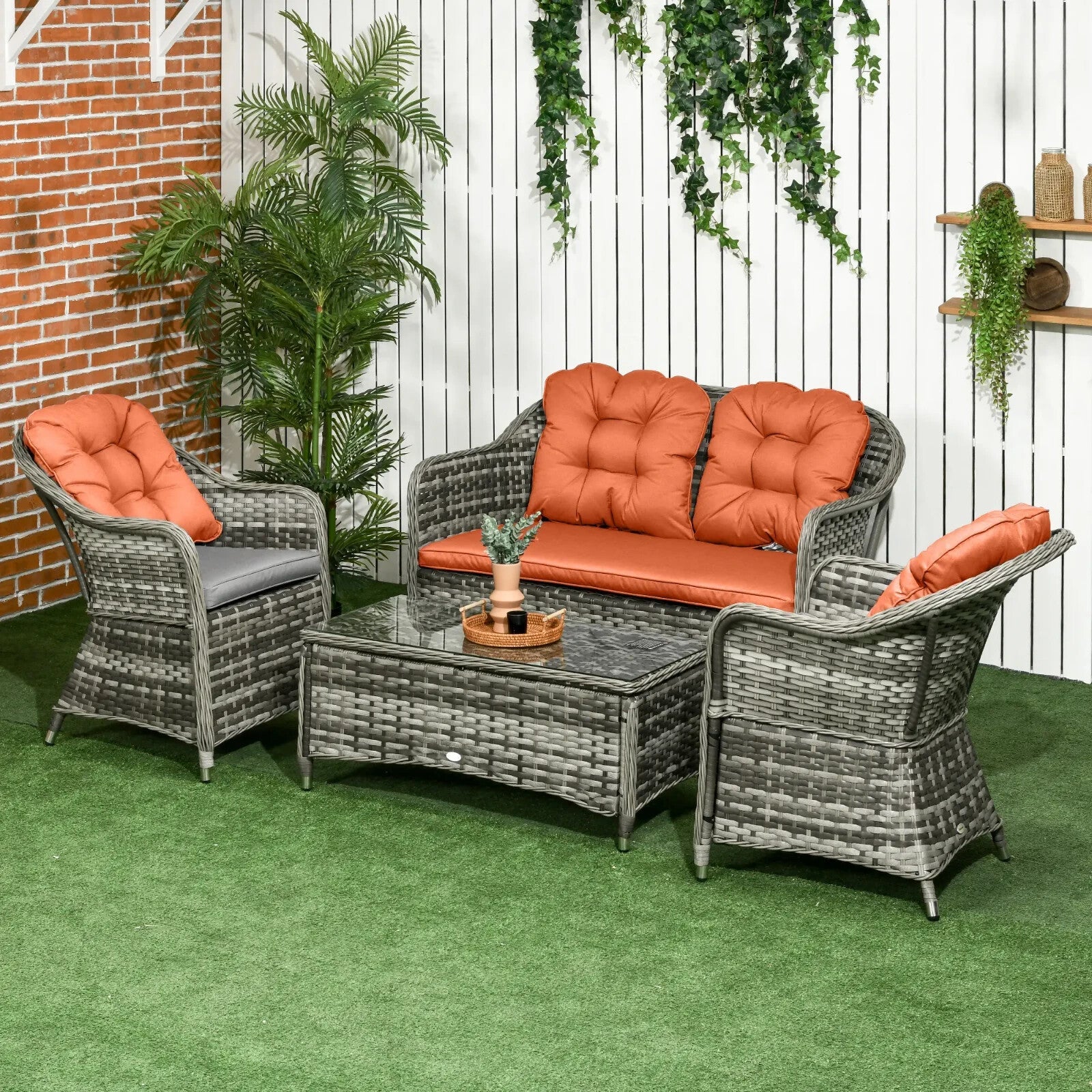 Four Pcs Rattan Sofa Set with Glass Top Table Garden Outdoor Patio Furniture Set - Home and Garden Furniture Shop - rustic - furniture