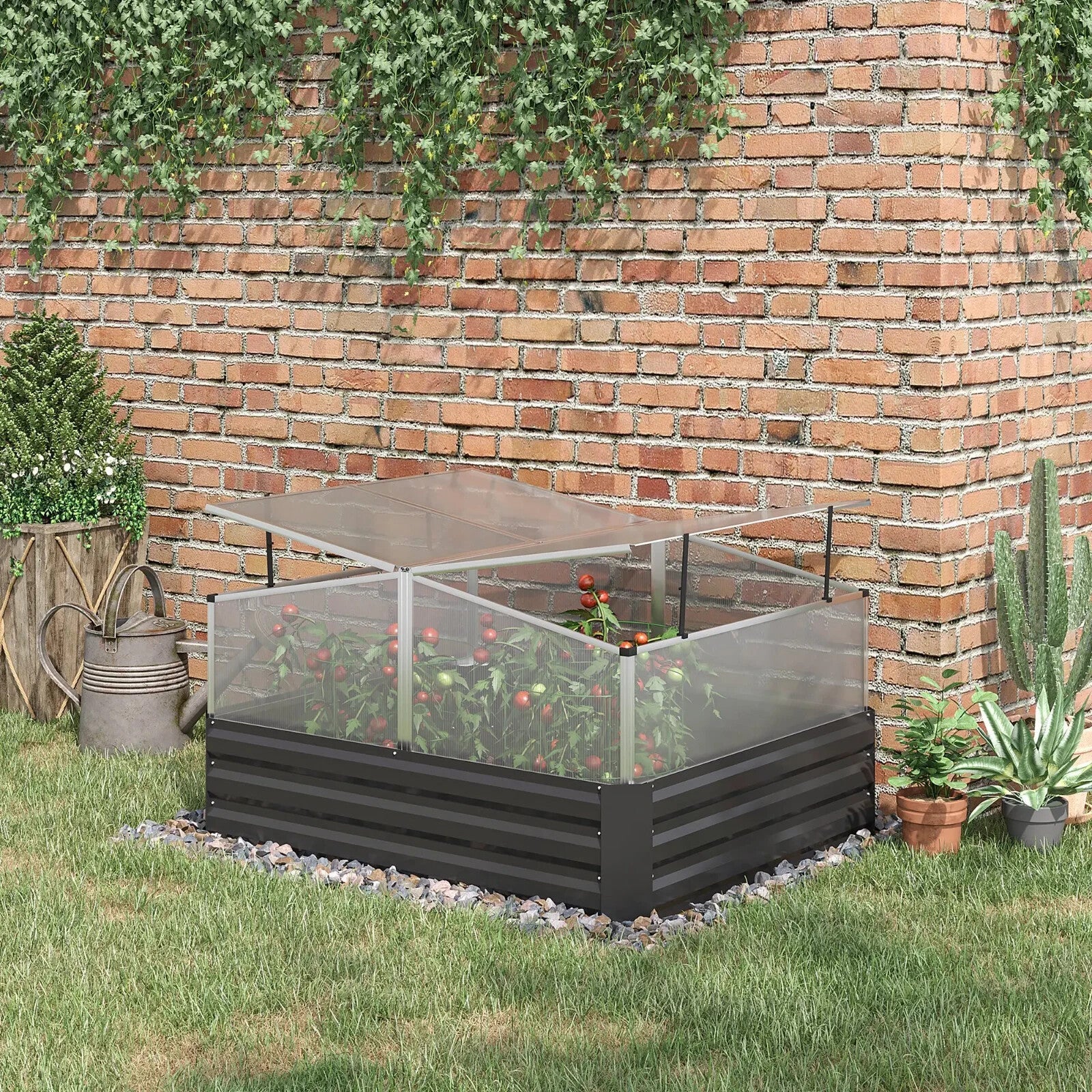 Galvanised Raised Garden Bed with Greenhouse Cover Outdoor Planter Box Dark Grey - Home and Garden Furniture Shop - rustic - furniture