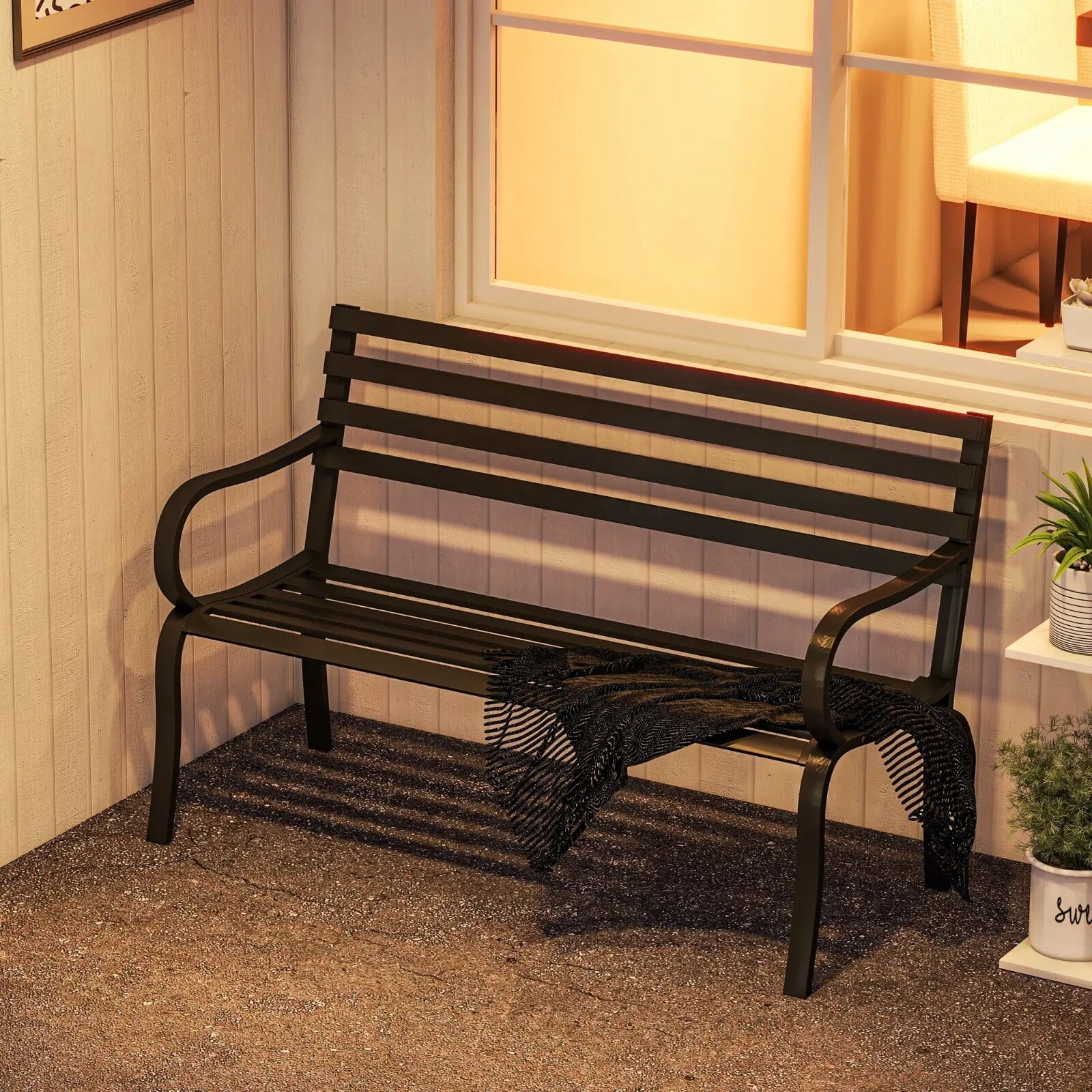 Garden Bench 2 - Seater Powder Coated Steel Frame with Slatted Backrest Black - Home and Garden Furniture Shop - rustic - furniture