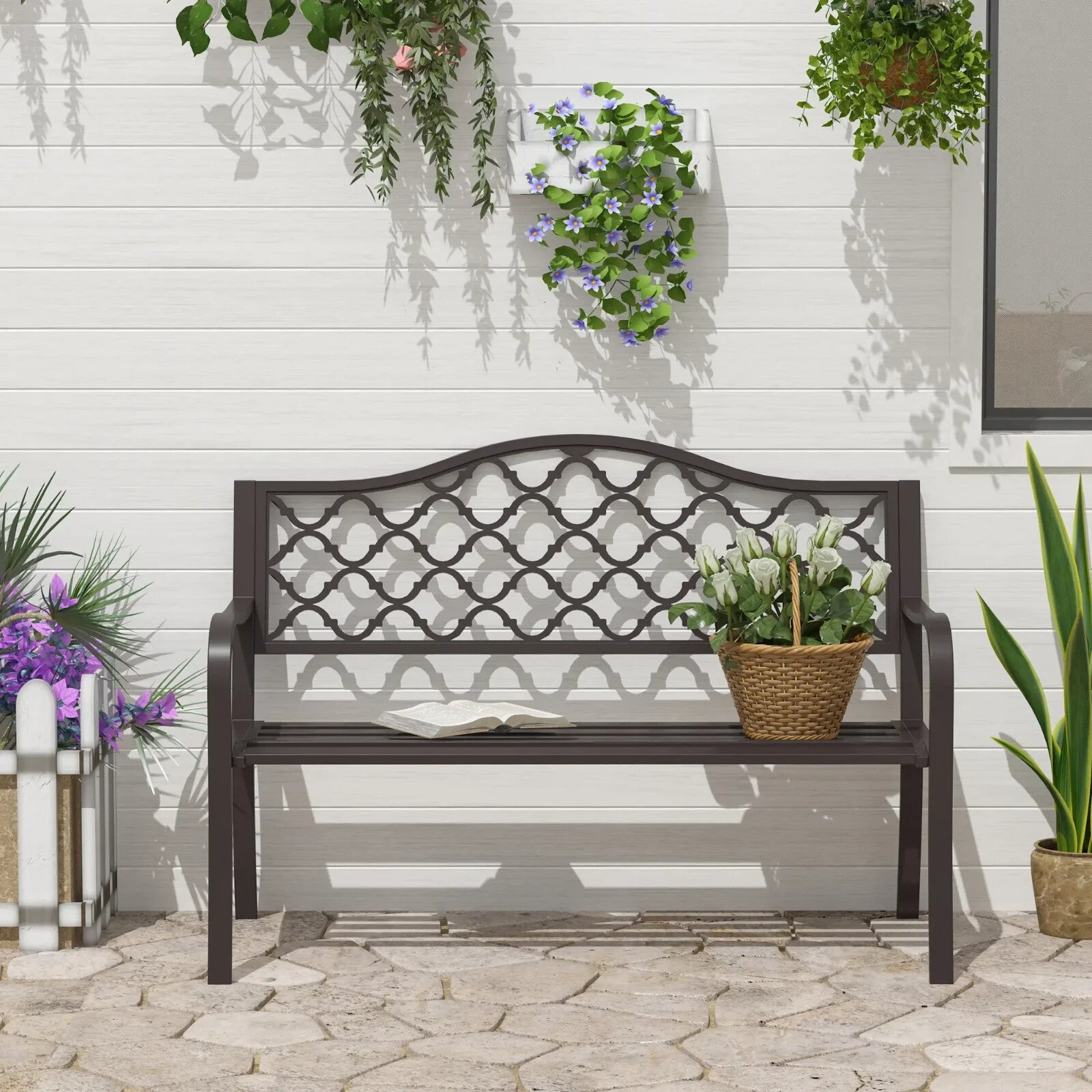 Garden Bench 2 - Seater Powder Coated Weather - Resistant with Slatted Seat Brown - Home and Garden Furniture Shop - rustic - furniture