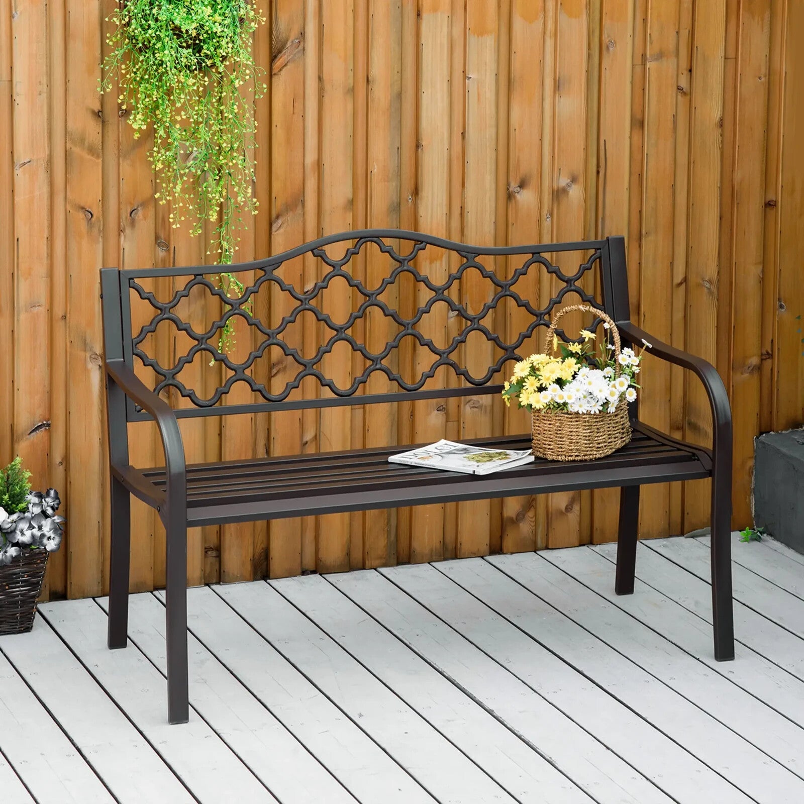 Garden Bench 2 - Seater Powder Coated Weather - Resistant with Slatted Seat Brown - Home and Garden Furniture Shop - rustic - furniture