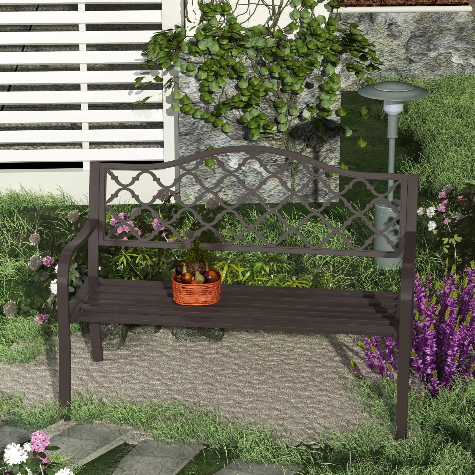 Garden Bench 2 - Seater Powder Coated Weather - Resistant with Slatted Seat Brown - Home and Garden Furniture Shop - rustic - furniture