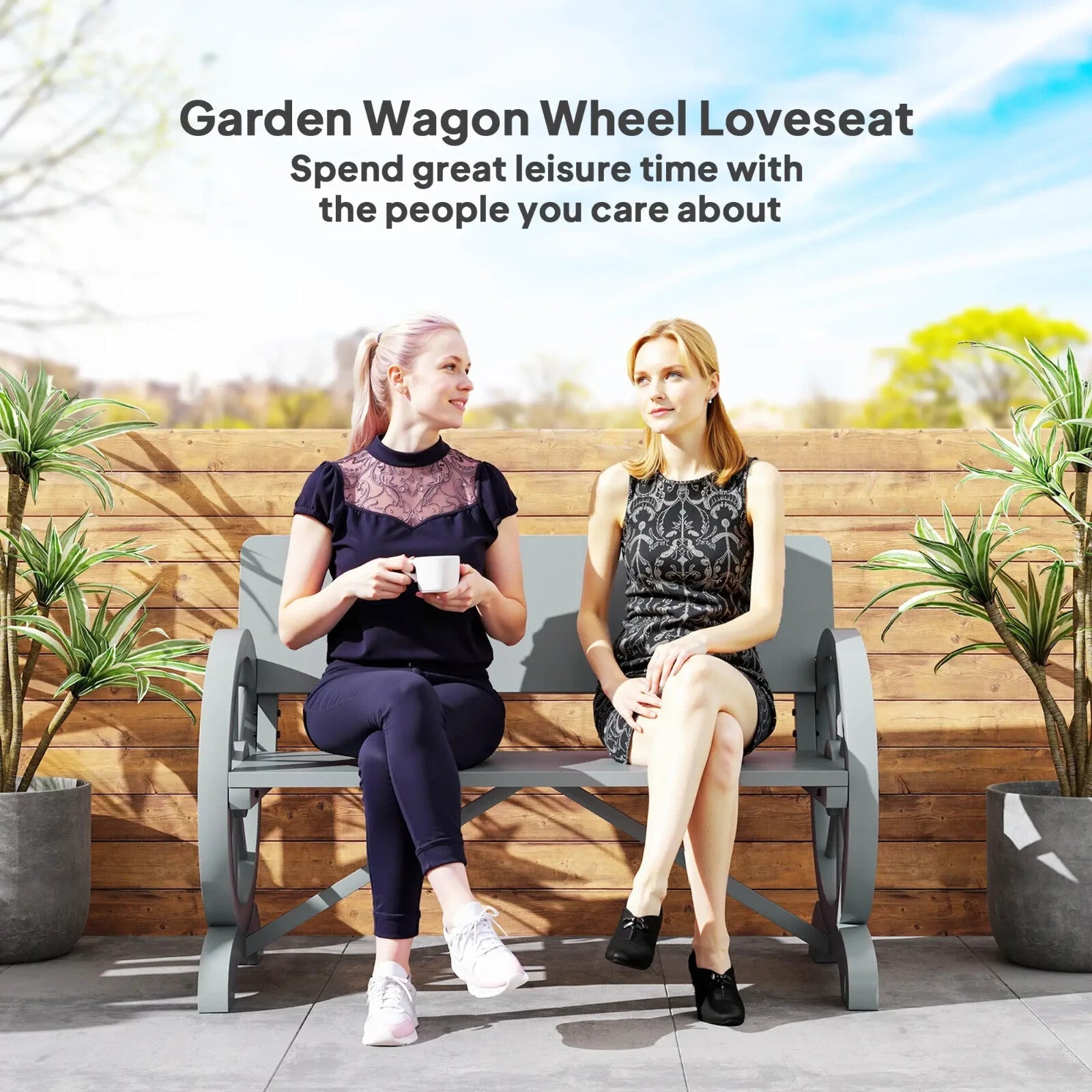 Garden Bench 2 - Seater Wagon Wheel Design Loveseat w/ High Back Carbonized Grey - Home and Garden Furniture Shop - rustic - furniture