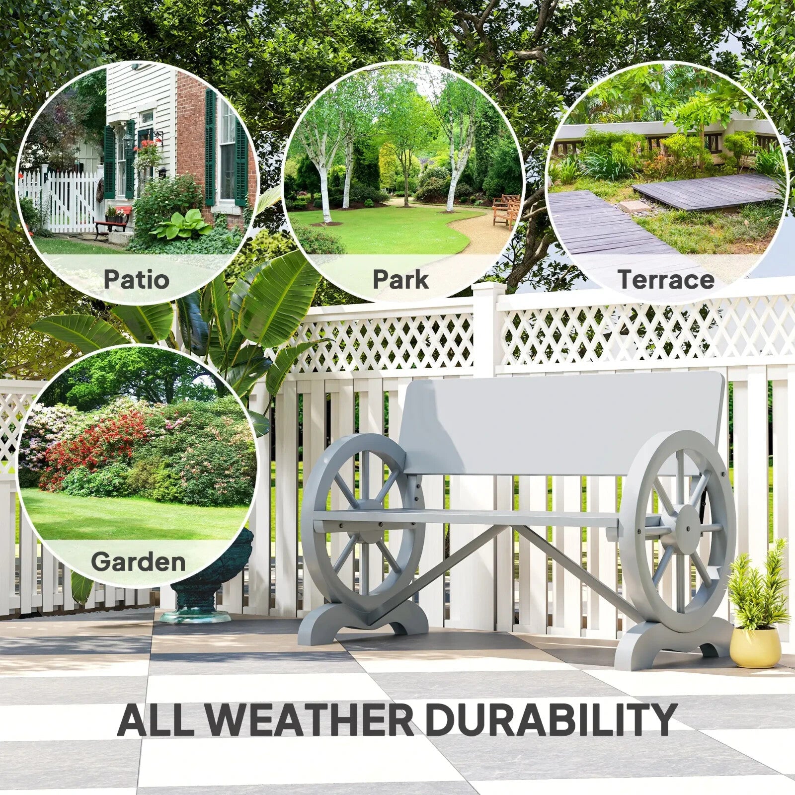 Garden Bench 2 - Seater Wagon Wheel Design Loveseat w/ High Back Carbonized Grey - Home and Garden Furniture Shop - rustic - furniture