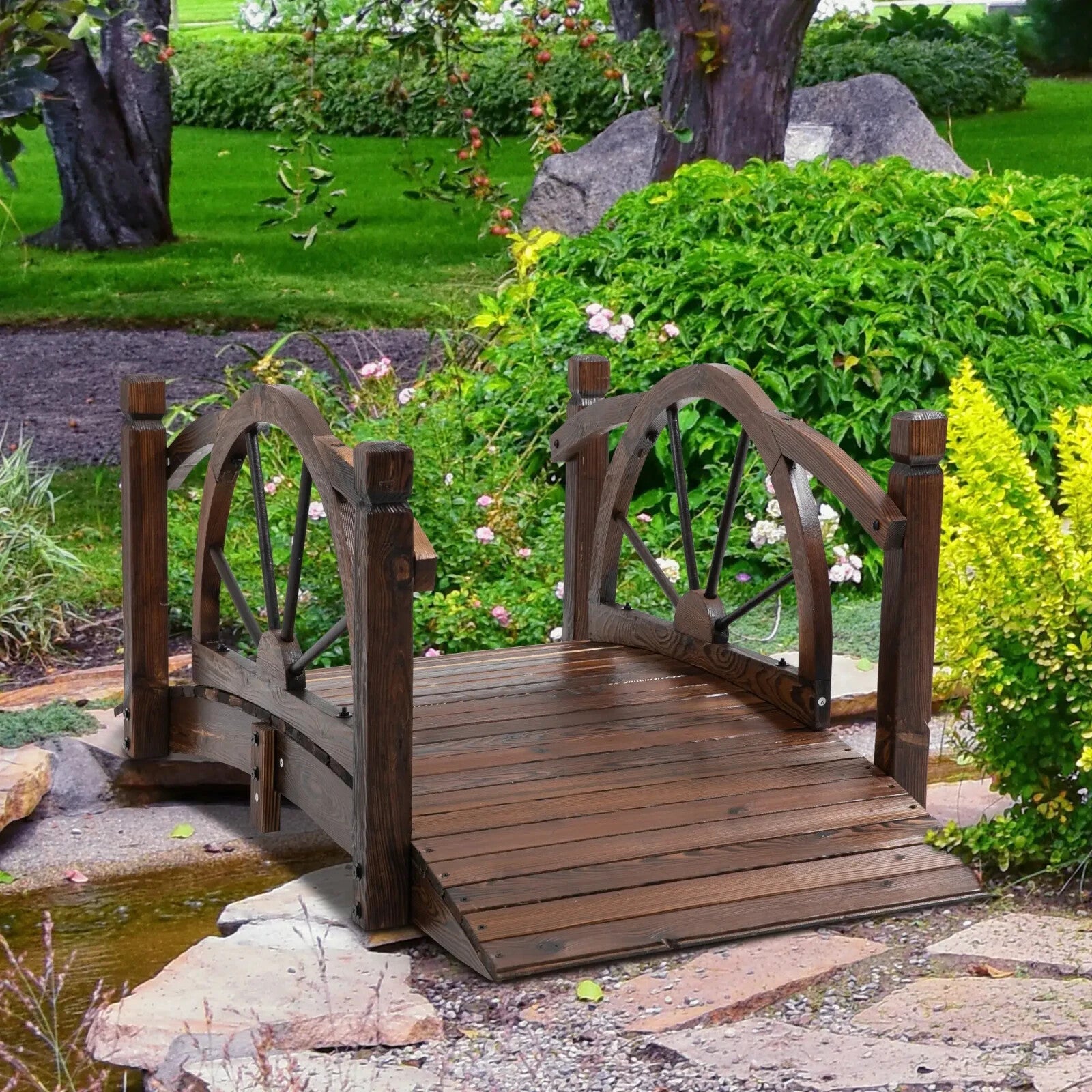 Garden Bridge with Safety Guardrail Wheel Form w/ High Side Carbonised Finish - Home and Garden Furniture Shop - rustic - furniture