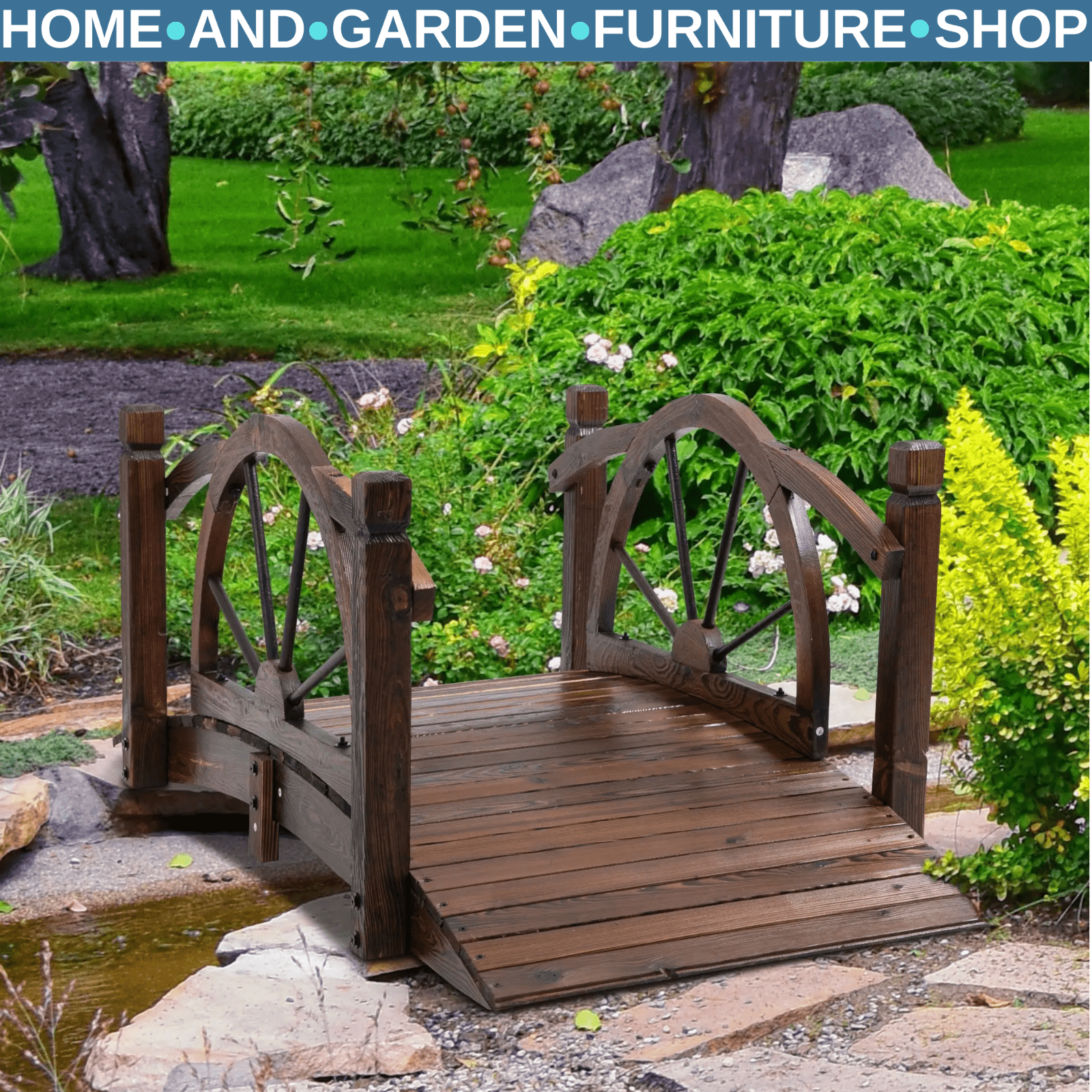 Garden Bridge with Safety Guardrail Wheel Form w/ High Side Carbonised Finish - Home and Garden Furniture Shop - rustic - furniture