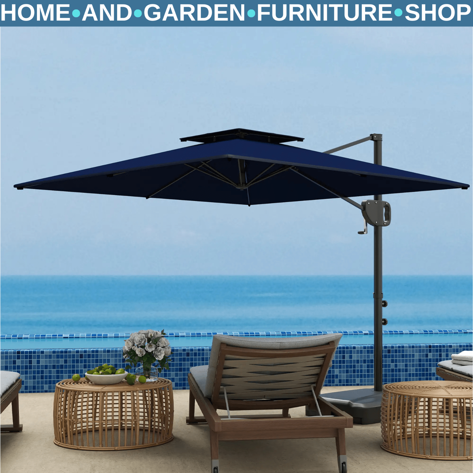 Garden Cantilever Parasol with Weighted Base, Tilt, and Crank - Dark Blue - Home and Garden Furniture Shop - rustic - furniture