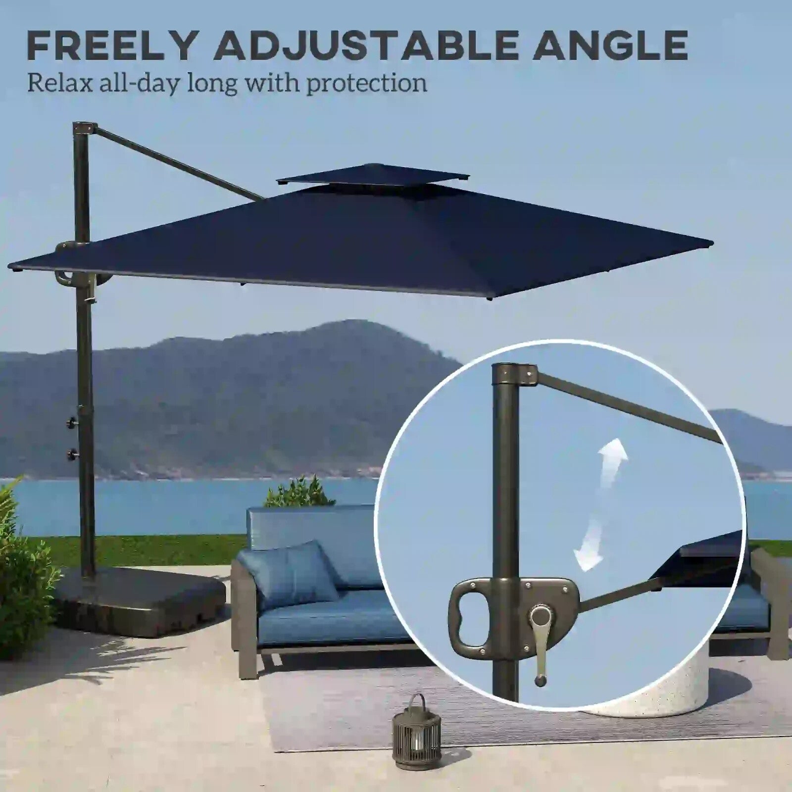 Garden Cantilever Parasol with Weighted Base, Tilt, and Crank - Dark Blue - Home and Garden Furniture Shop - rustic - furniture