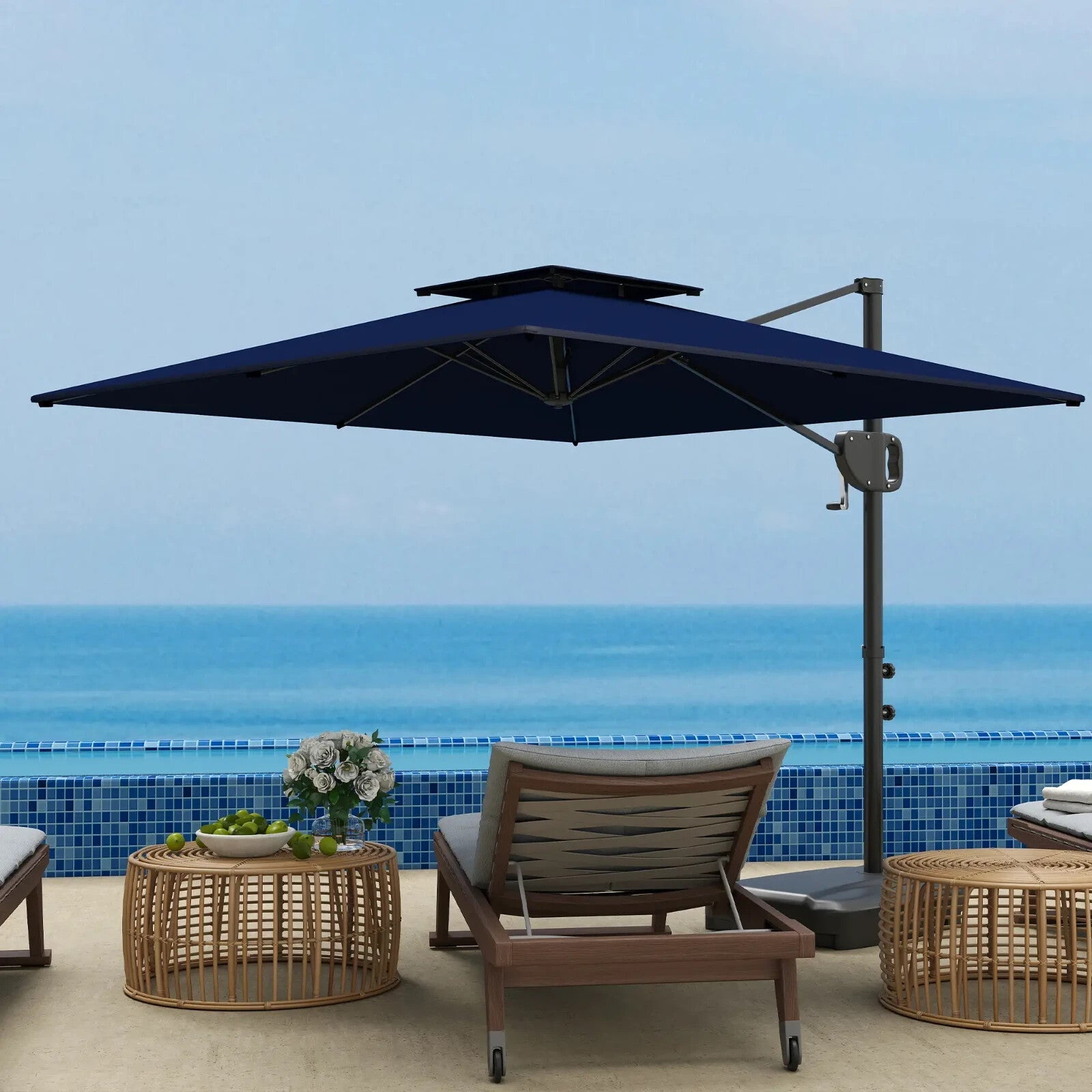 Garden Cantilever Parasol with Weighted Base, Tilt, and Crank - Dark Blue - Home and Garden Furniture Shop - rustic - furniture