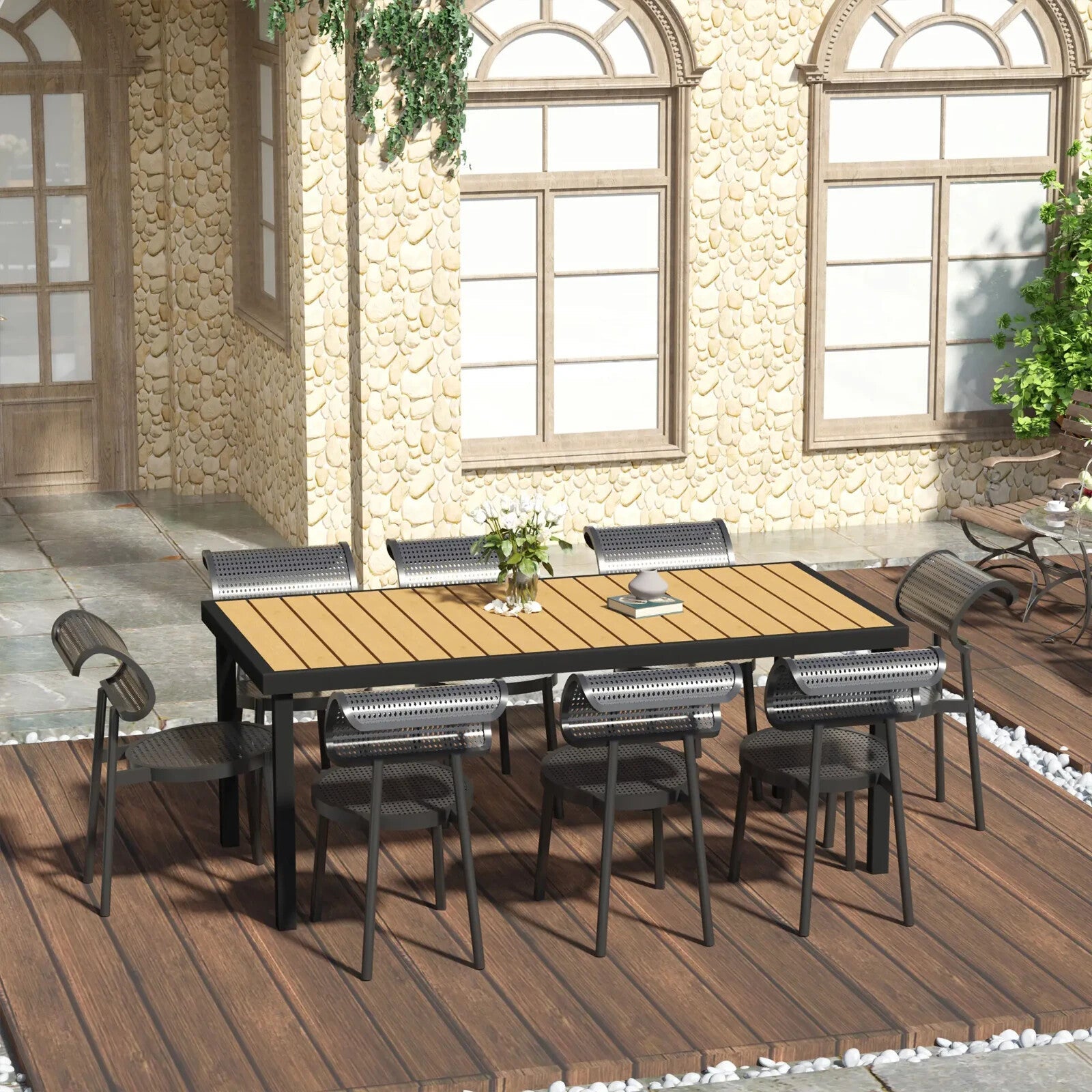 Garden Dining Table for 8 People 190 x 90 x 74 cm Aluminium Frame Faux Wood Top - Home and Garden Furniture Shop - rustic - furniture