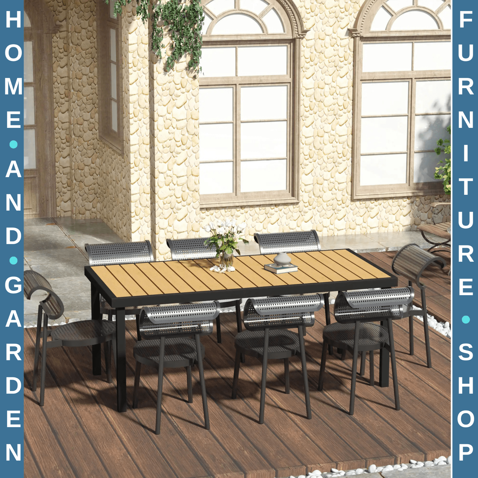Garden Dining Table for 8 People 190 x 90 x 74 cm Aluminium Frame Faux Wood Top - Home and Garden Furniture Shop - rustic - furniture