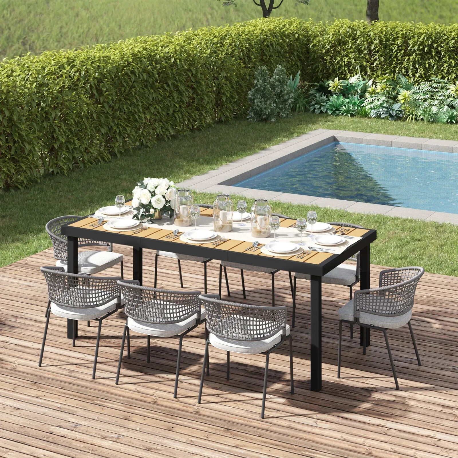 Garden Dining Table for 8 People 190 x 90 x 74 cm Aluminium Frame Faux Wood Top - Home and Garden Furniture Shop - rustic - furniture