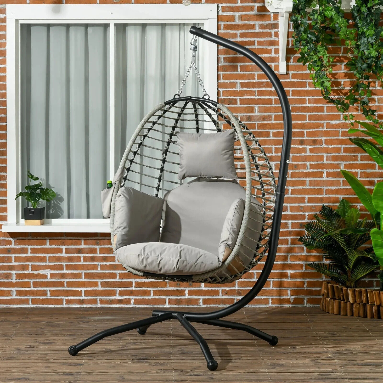 Garden Egg Chair Hanging Swing Chair Thick Cushion Grey Metal Frame Patio Seat - Home and Garden Furniture Shop - #rustic - furniture#