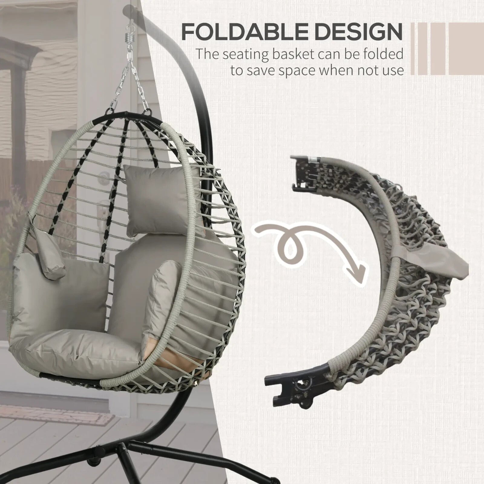 Garden Egg Chair Hanging Swing Chair Thick Cushion Grey Metal Frame Patio Seat - Home and Garden Furniture Shop - rustic - furniture