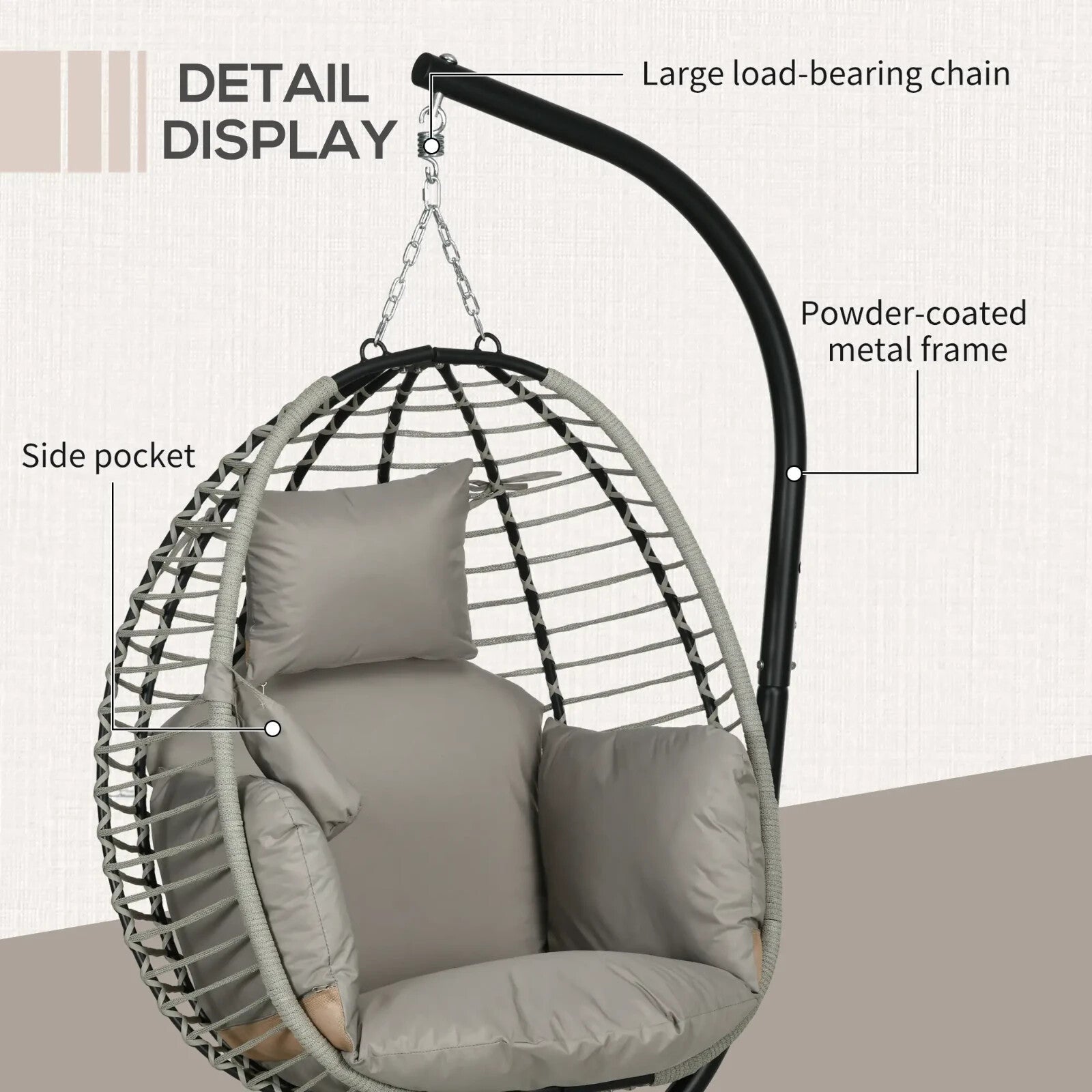 Garden Egg Chair Hanging Swing Chair Thick Cushion Grey Metal Frame Patio Seat - Home and Garden Furniture Shop - rustic - furniture