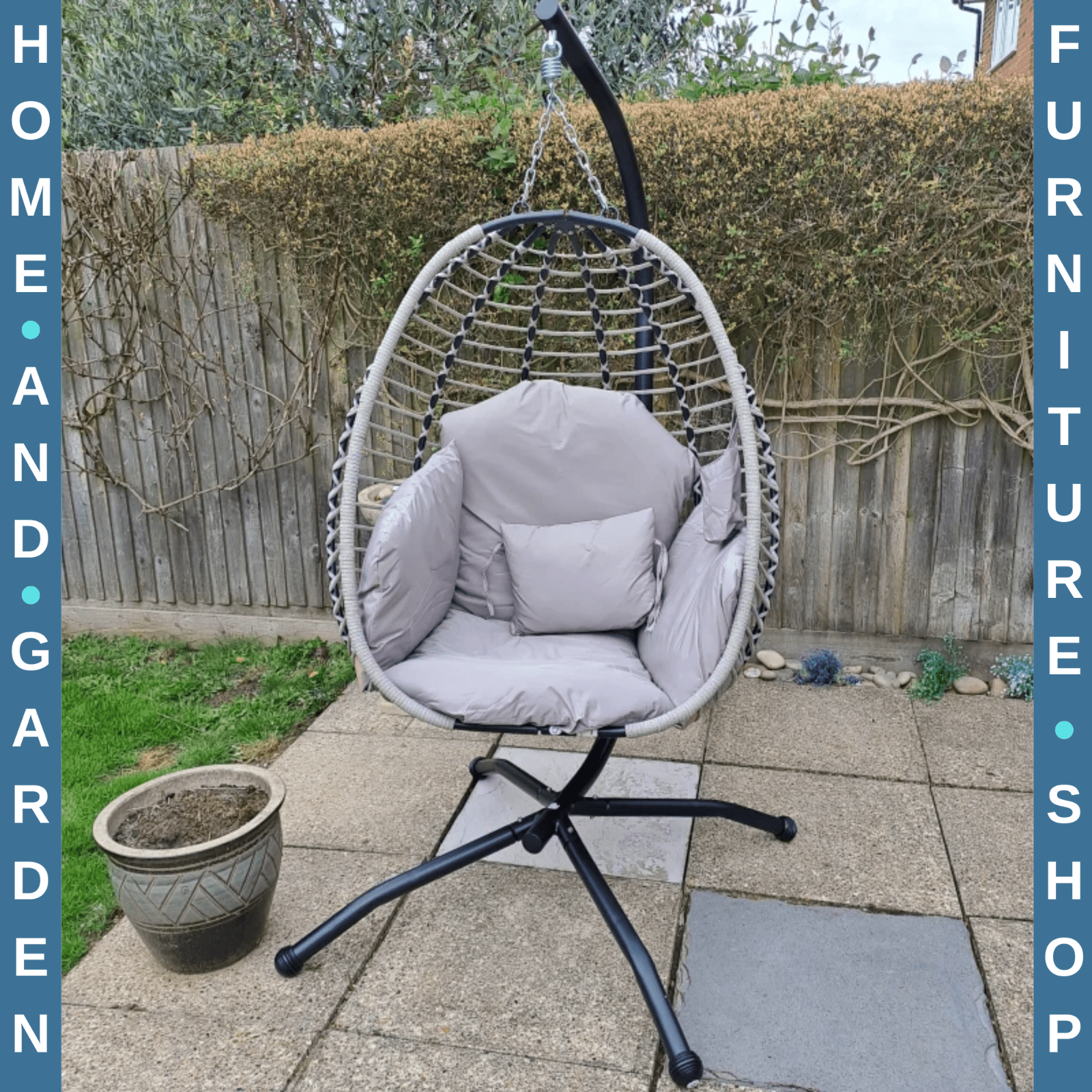 Garden Egg Chair Hanging Swing Chair Thick Cushion Grey Metal Frame Patio Seat - Home and Garden Furniture Shop - #rustic - furniture#