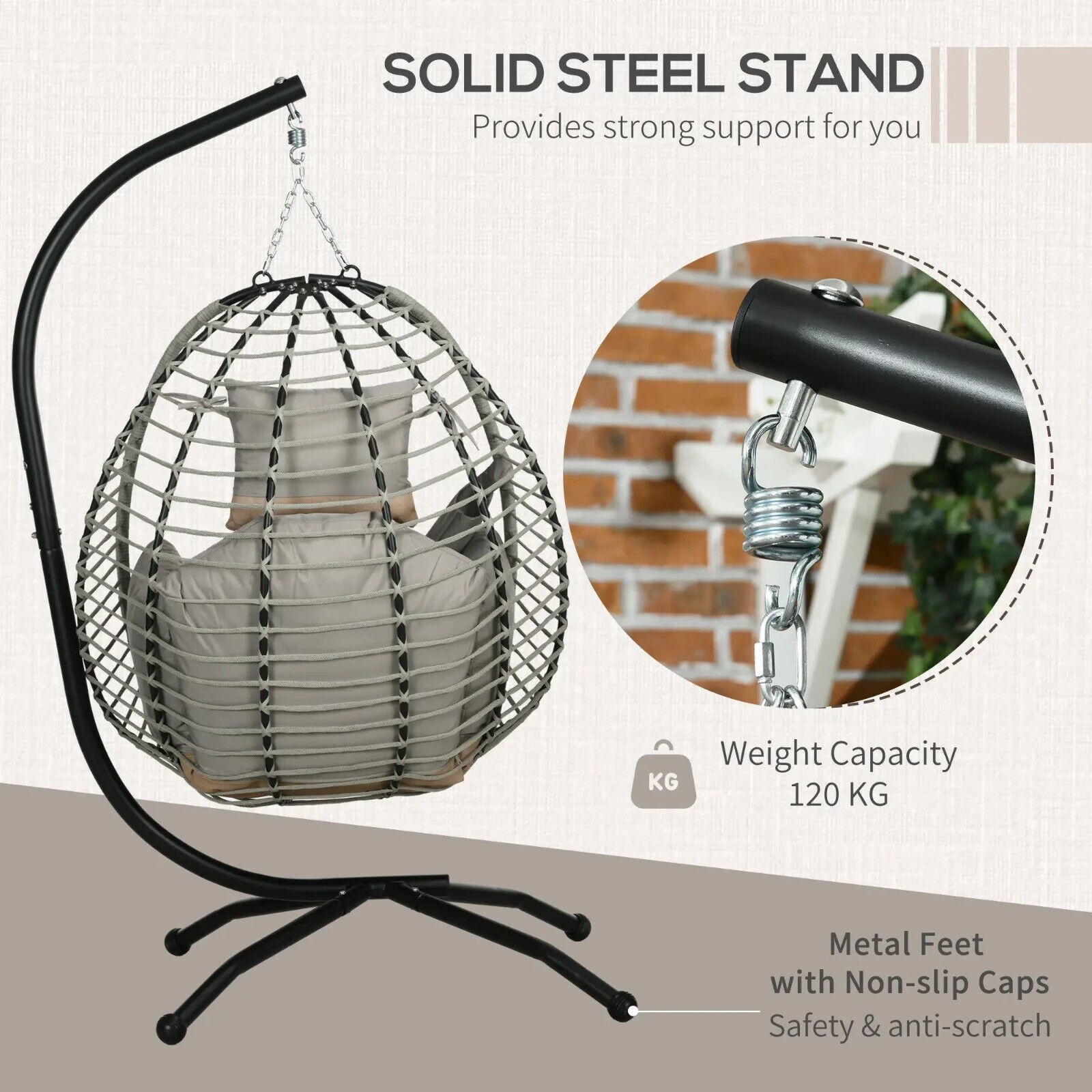 Garden Egg Chair Hanging Swing Chair Thick Cushion Grey Metal Frame Patio Seat - Home and Garden Furniture Shop - #rustic - furniture#