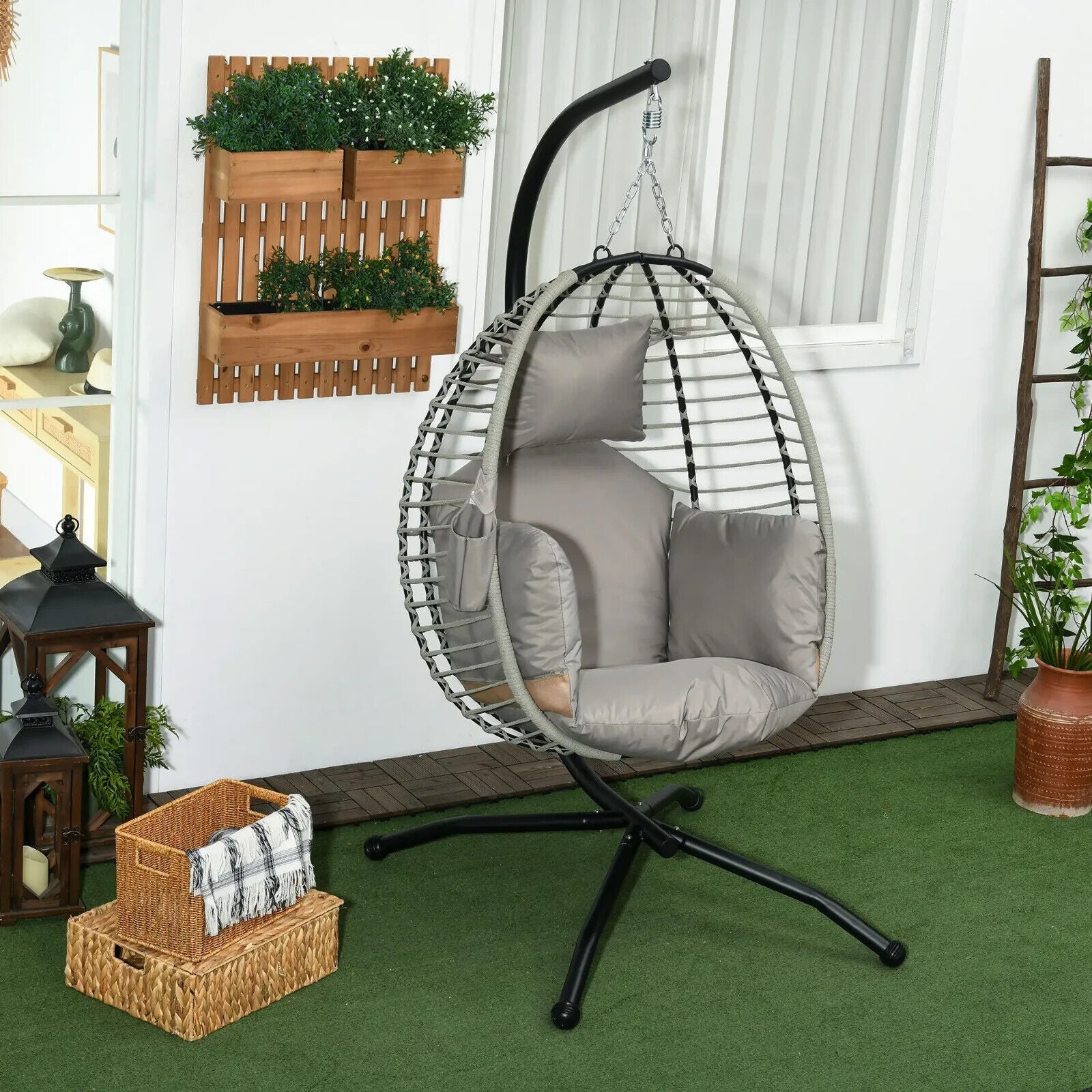 Garden Egg Chair Hanging Swing Chair Thick Cushion Grey Metal Frame Patio Seat - Home and Garden Furniture Shop - #rustic - furniture#