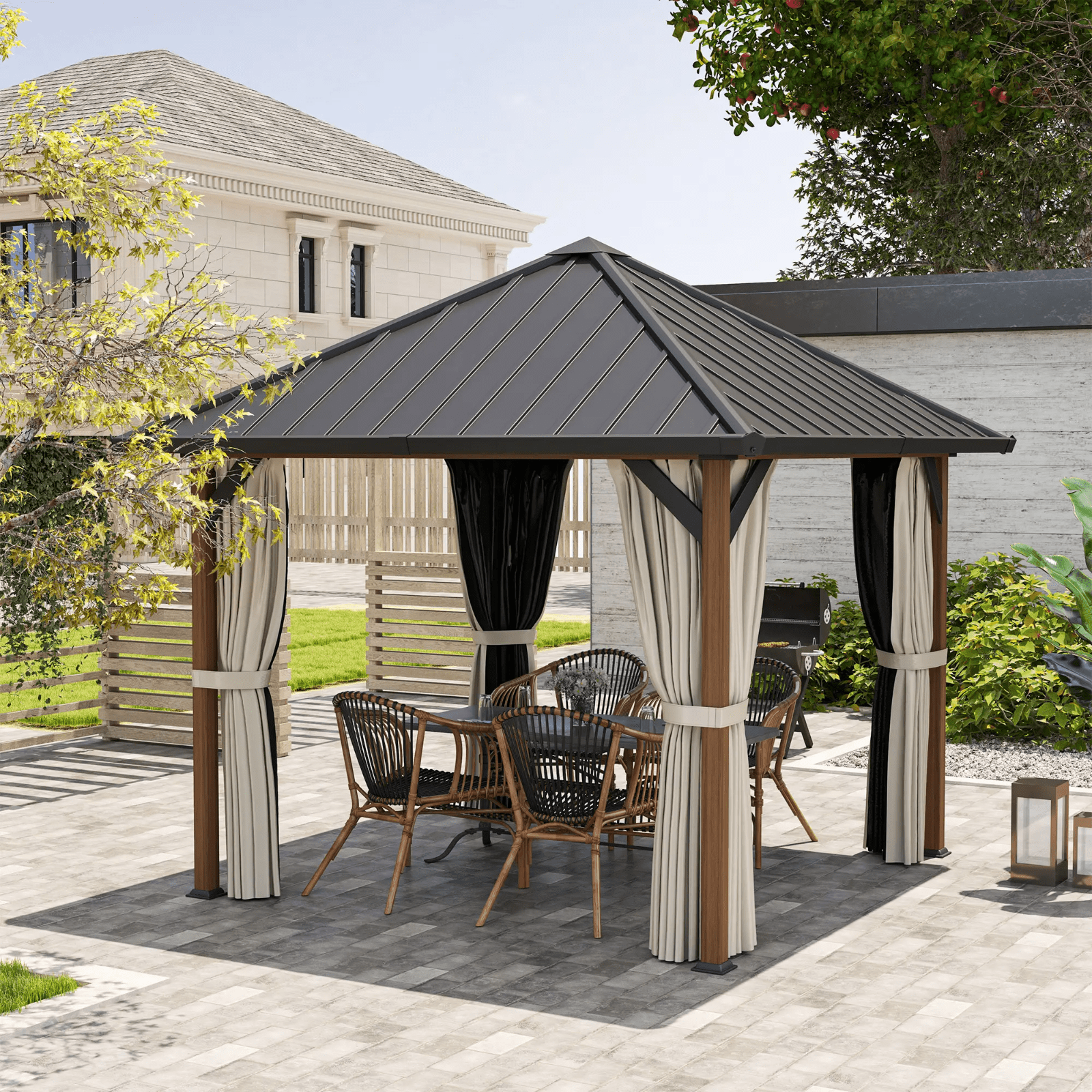 Garden Hardtop Gazebo with Sides Metal Roof Party Tent Netting Curtains 3 x 3m - Home and Garden Furniture Shop - #rustic - furniture#