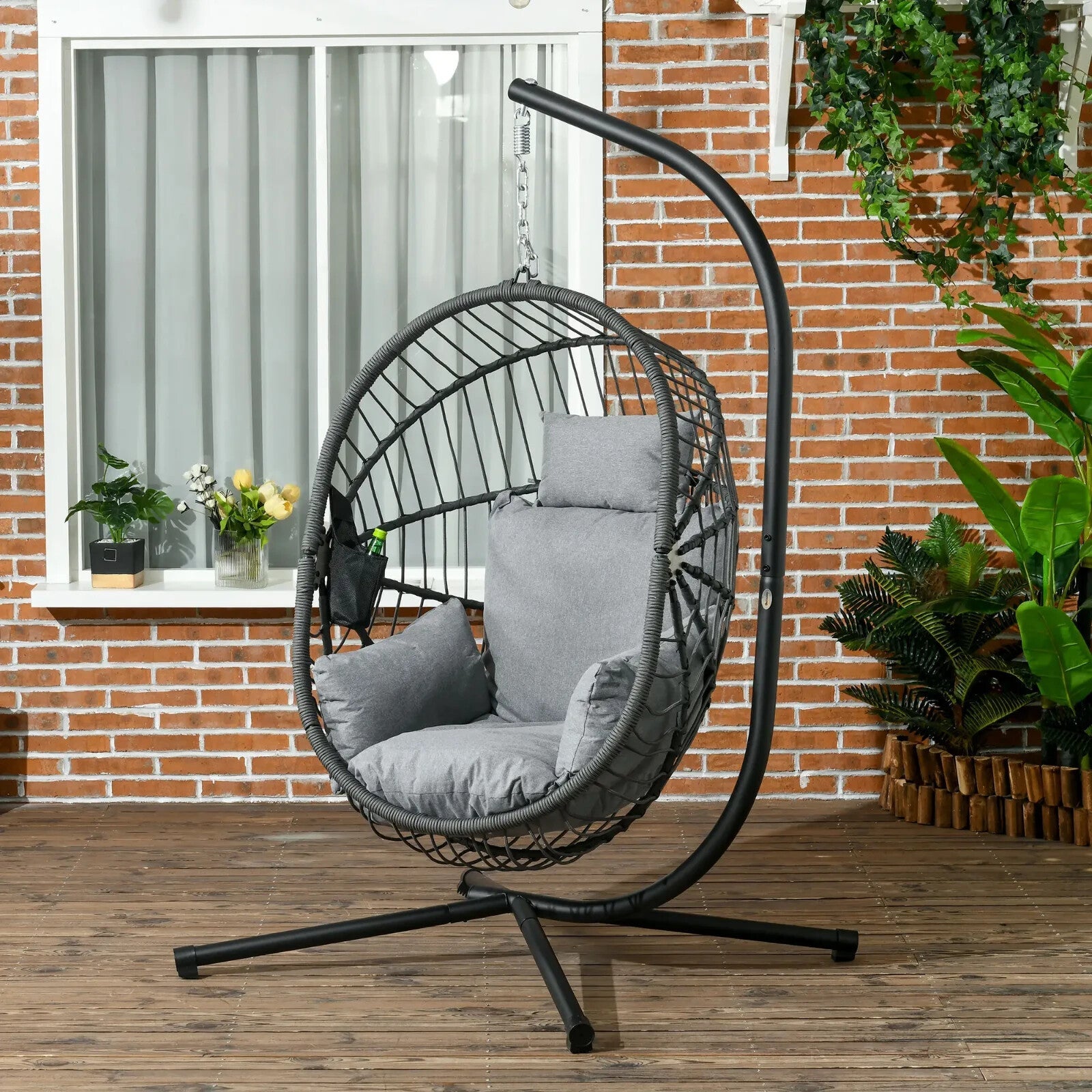 Garden Patio Egg Chair Hanging Swing Chair Grey Thick Cushion Steel Frame Seat - Home and Garden Furniture Shop - rustic - furniture