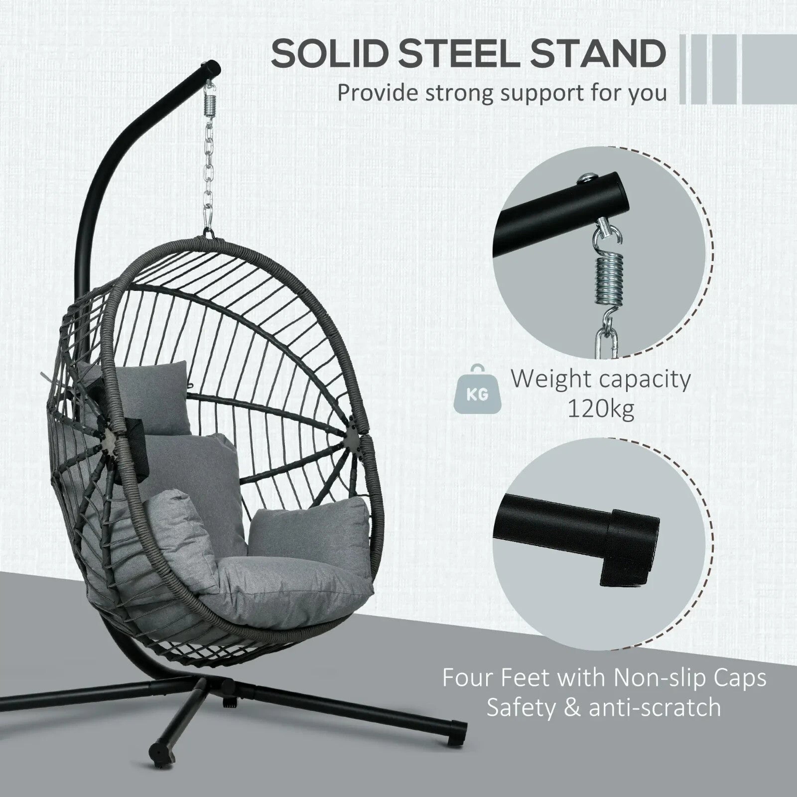 Garden Patio Egg Chair Hanging Swing Chair Grey Thick Cushion Steel Frame Seat - Home and Garden Furniture Shop - rustic - furniture