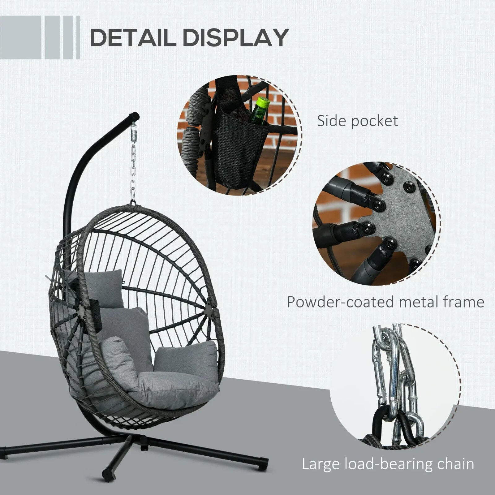 Garden Patio Egg Chair Hanging Swing Chair Grey Thick Cushion Steel Frame Seat - Home and Garden Furniture Shop - #rustic - furniture#