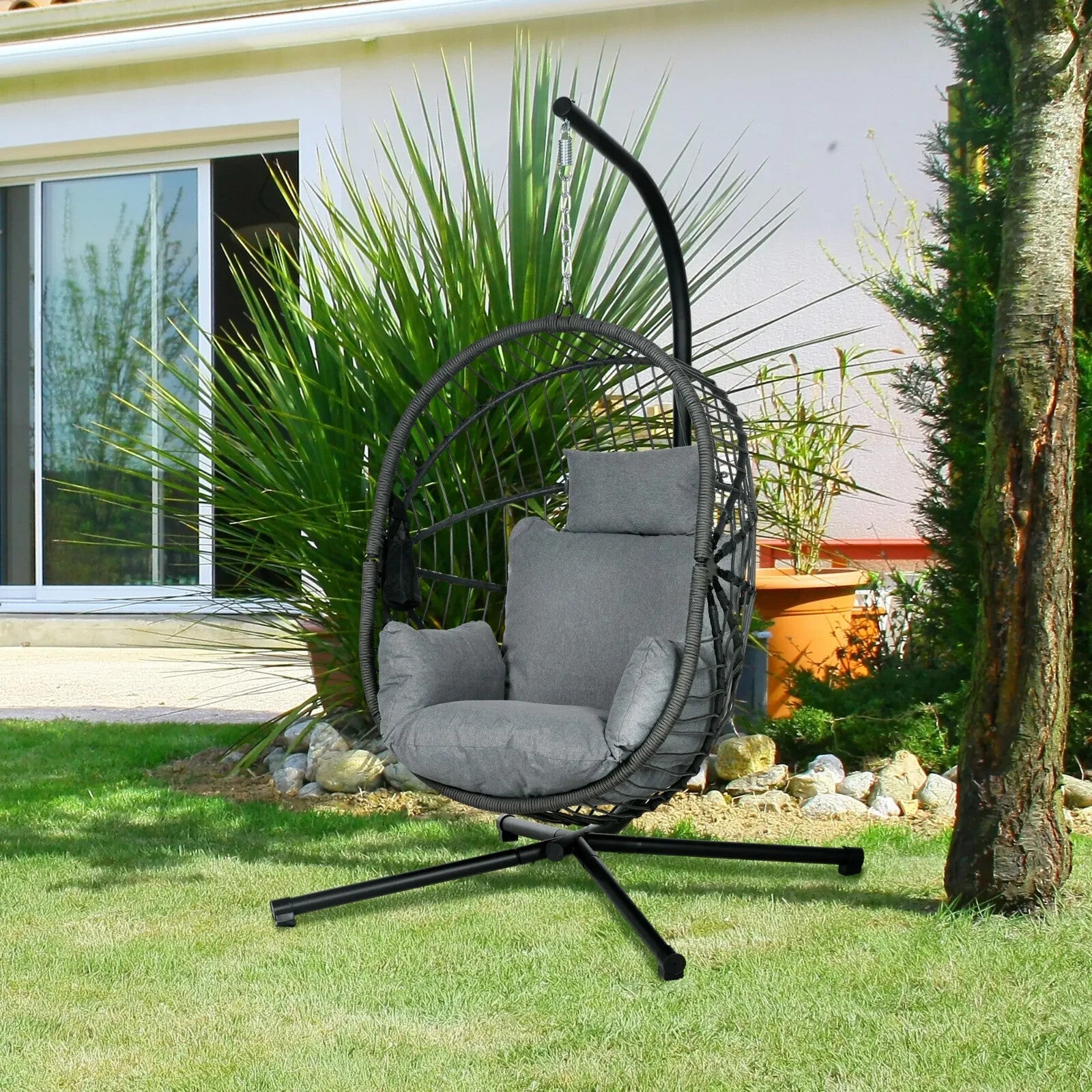 Garden Patio Egg Chair Hanging Swing Chair Grey Thick Cushion Steel Frame Seat - Home and Garden Furniture Shop - rustic - furniture