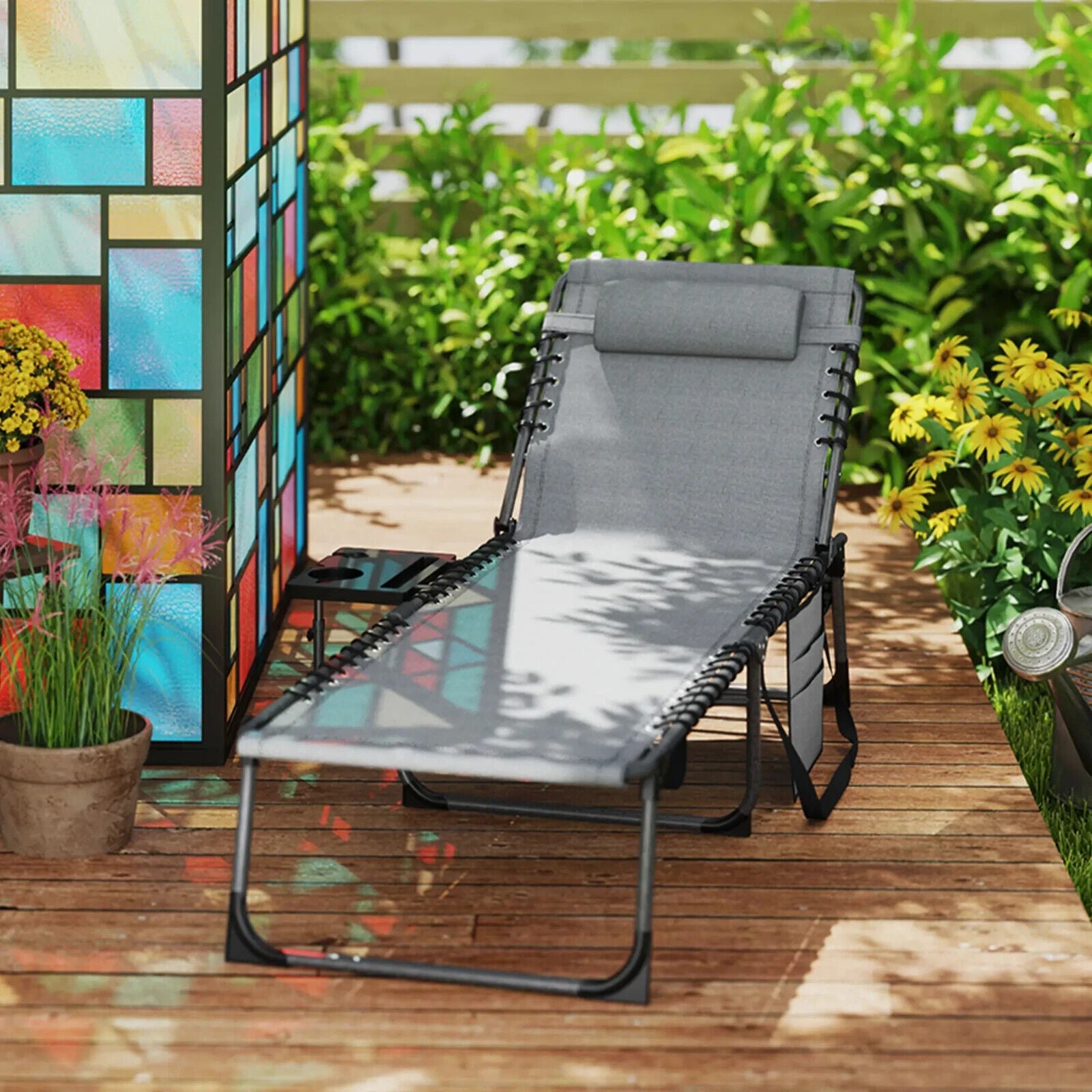 Garden Patio Wooden Sun Lounger with Table Reclining Backrest and Rolling Wheels - Home and Garden Furniture Shop - #rustic - furniture#