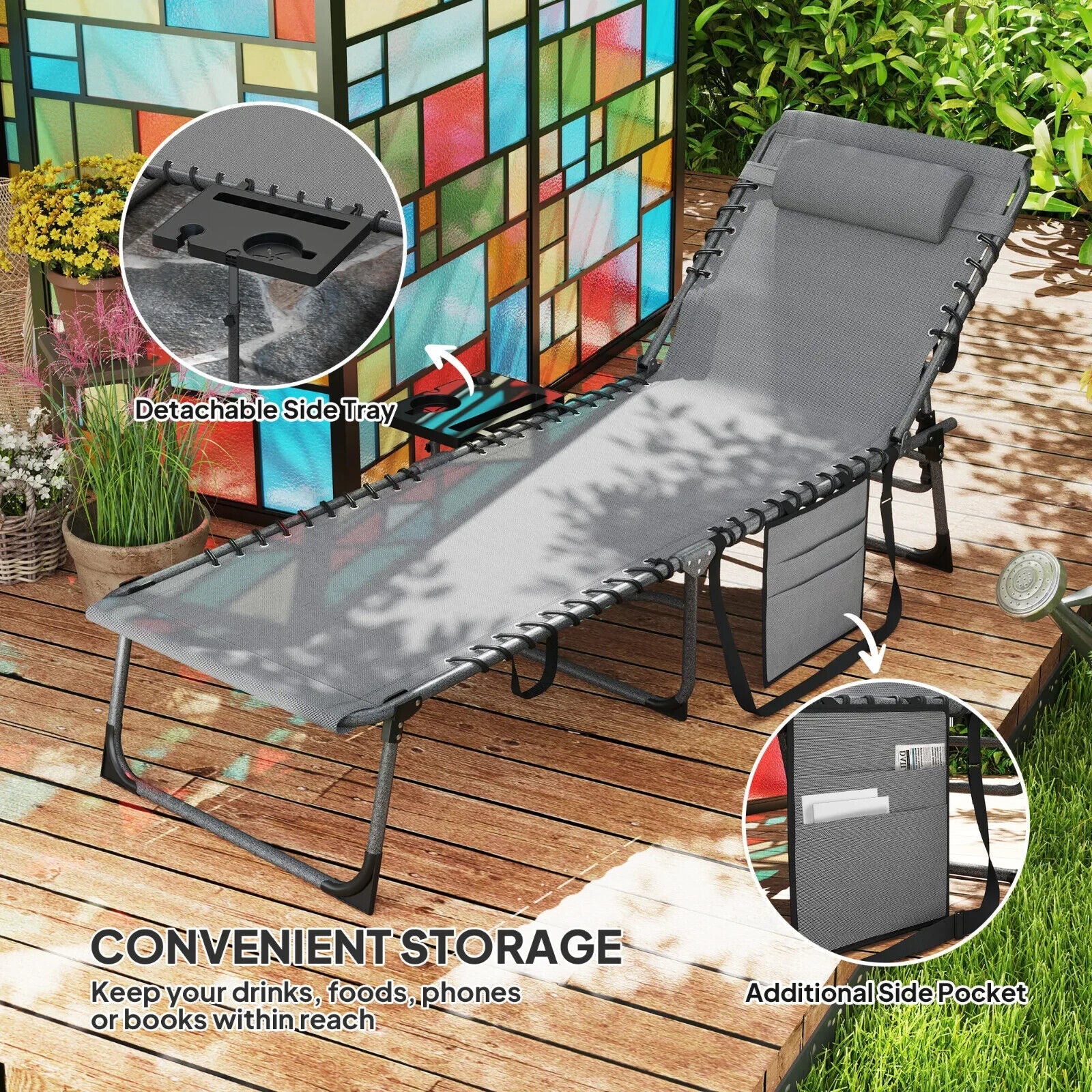 Garden Patio Wooden Sun Lounger with Table Reclining Backrest and Rolling Wheels - Home and Garden Furniture Shop - #rustic - furniture#