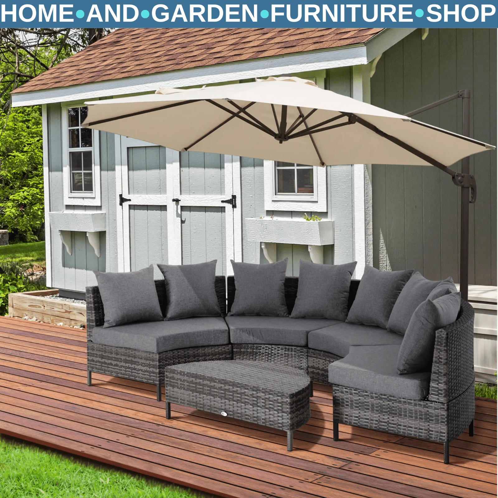 Garden Rattan Furniture 4 Seaters Half - round Patio Outdoor Sofa & Table - Grey - Home and Garden Furniture Shop - #rustic - furniture#