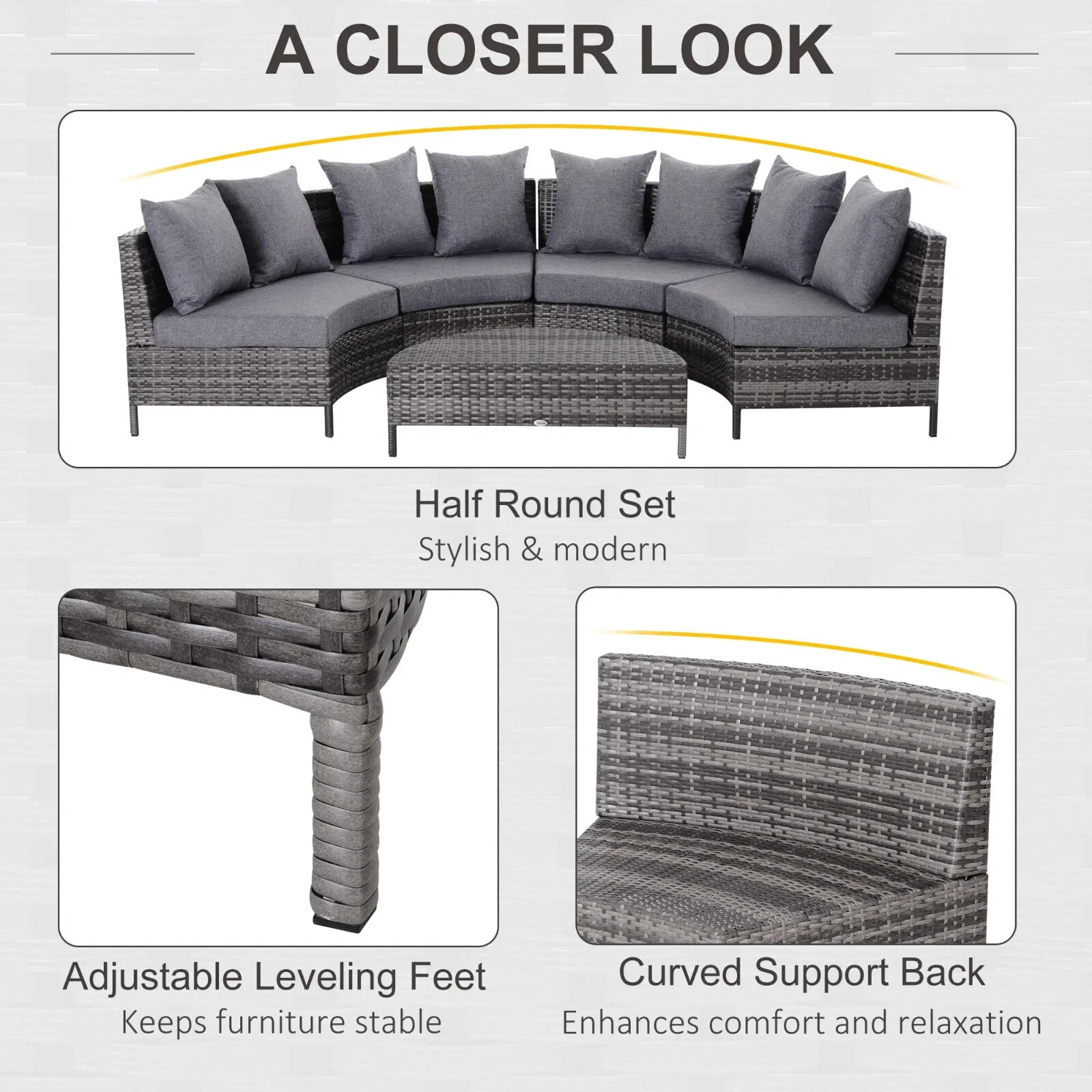 Garden Rattan Furniture 4 Seaters Half - round Patio Outdoor Sofa & Table - Grey - Home and Garden Furniture Shop - rustic - furniture