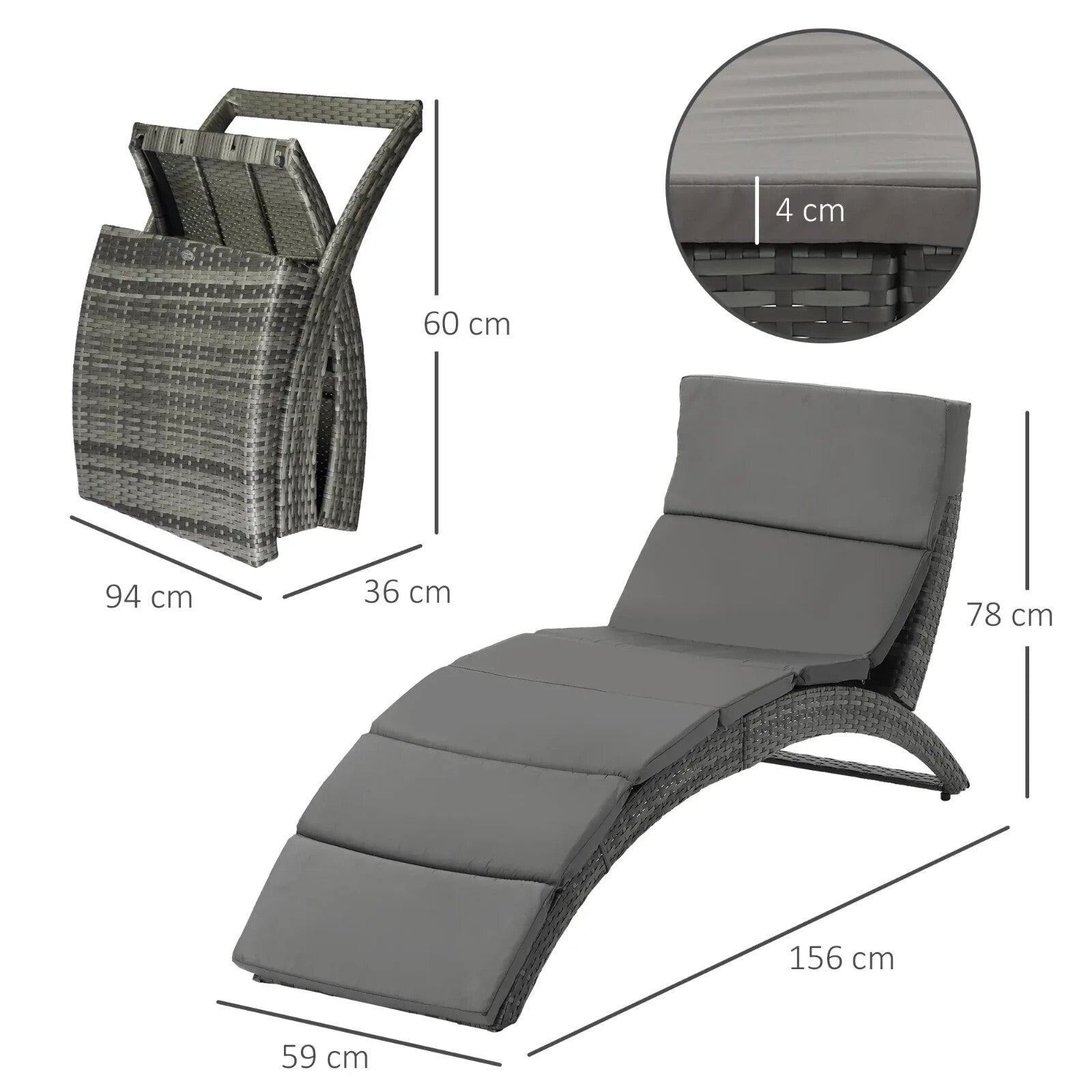 Garden Rattan Sun Lounger Foldable Patio Chaise Chair for Outdoor Grey - Home and Garden Furniture Shop - rustic - furniture