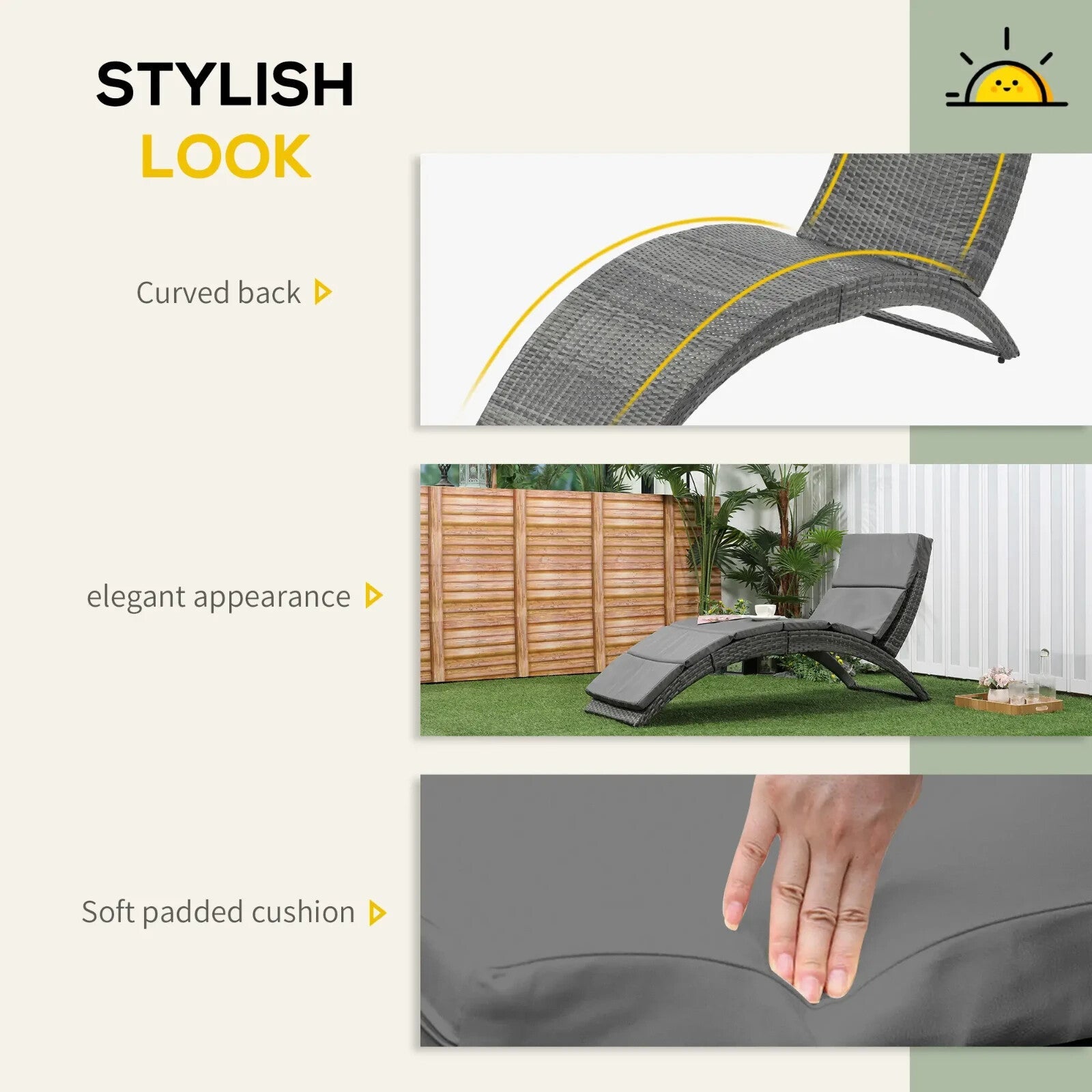 Garden Rattan Sun Lounger Foldable Patio Chaise Chair for Outdoor Grey - Home and Garden Furniture Shop - rustic - furniture