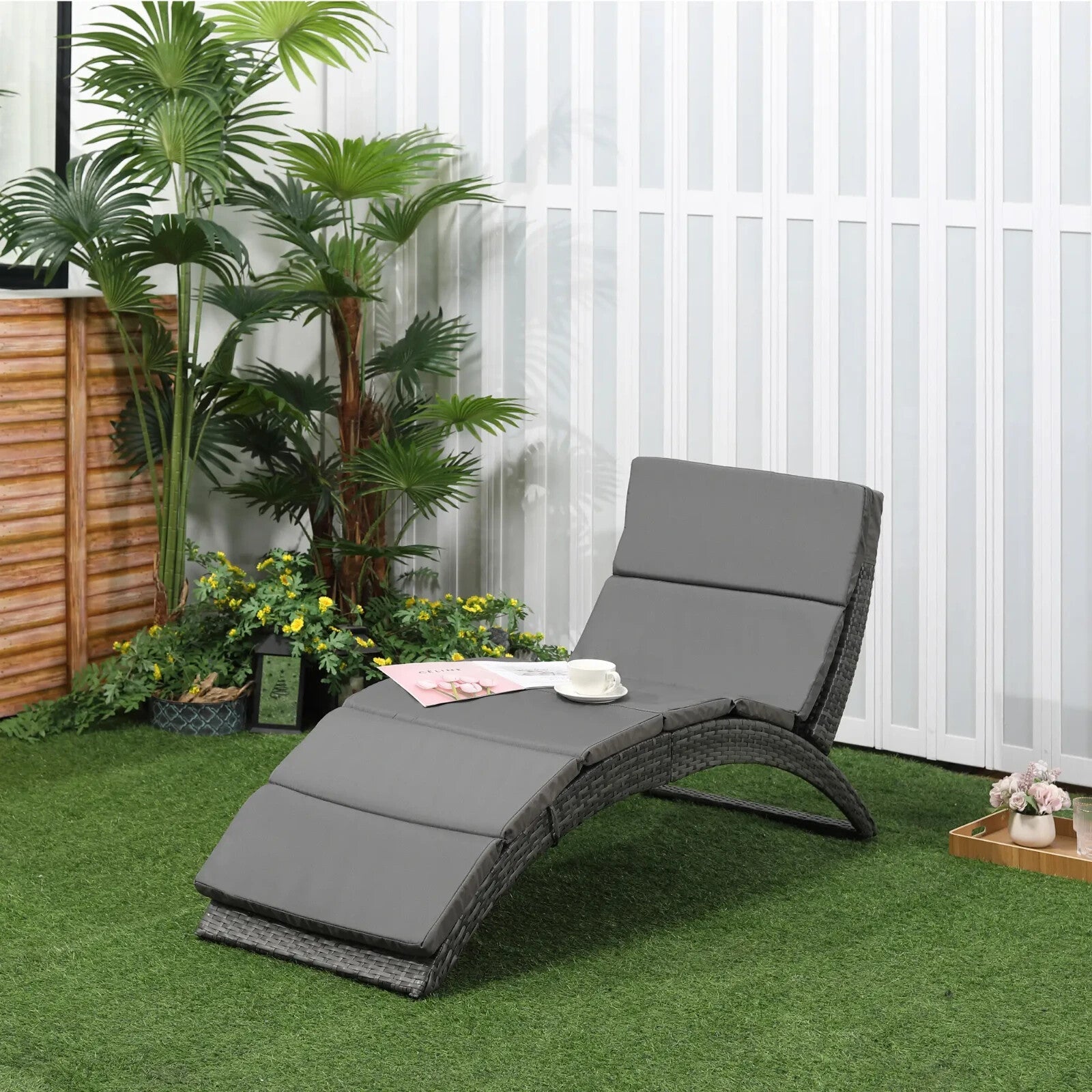 Garden Rattan Sun Lounger Foldable Patio Chaise Chair for Outdoor Grey - Home and Garden Furniture Shop - rustic - furniture