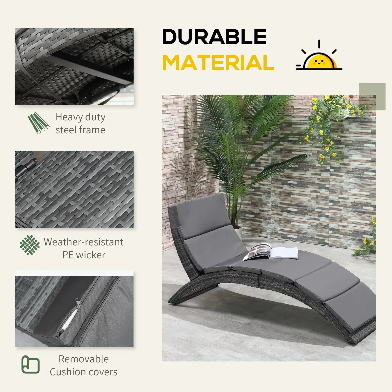 Garden Rattan Sun Lounger Foldable Patio Chaise Chair for Outdoor Grey - Home and Garden Furniture Shop - rustic - furniture