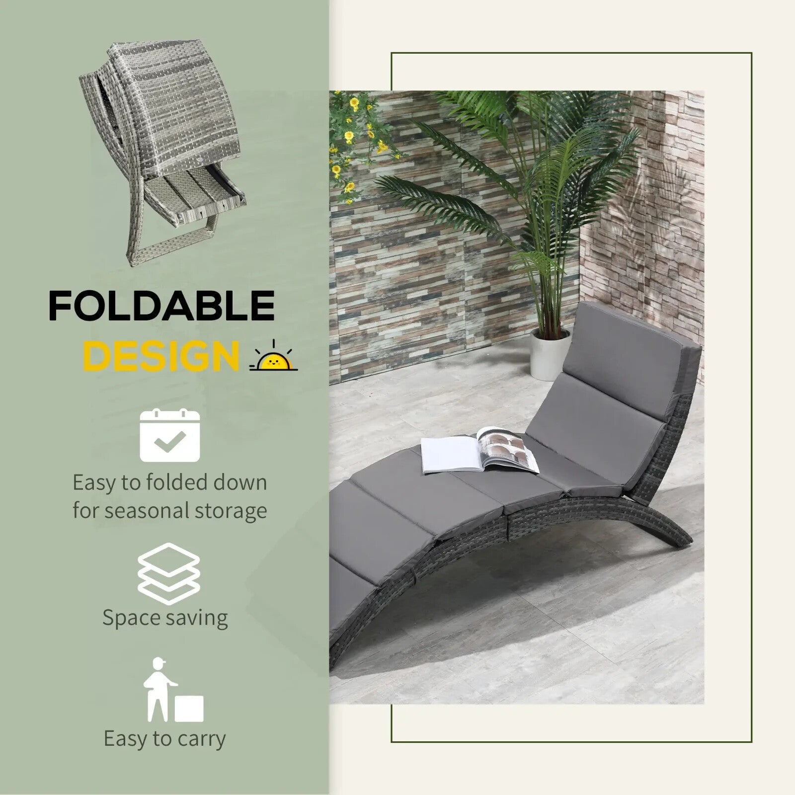 Garden Rattan Sun Lounger Foldable Patio Chaise Chair for Outdoor Grey - Home and Garden Furniture Shop - rustic - furniture