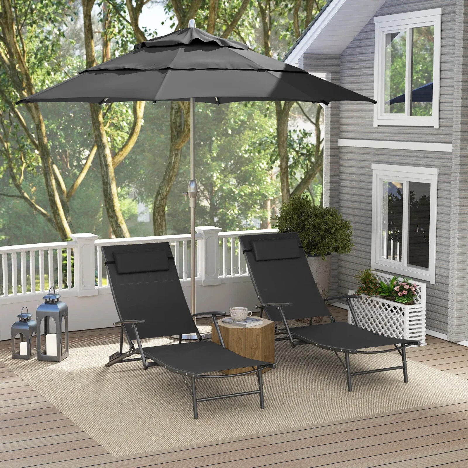 Garden Sun Loungers Set of 2 Folding Chaise Lounge Chairs Grey Patio Furniture - Home and Garden Furniture Shop - #rustic - furniture#