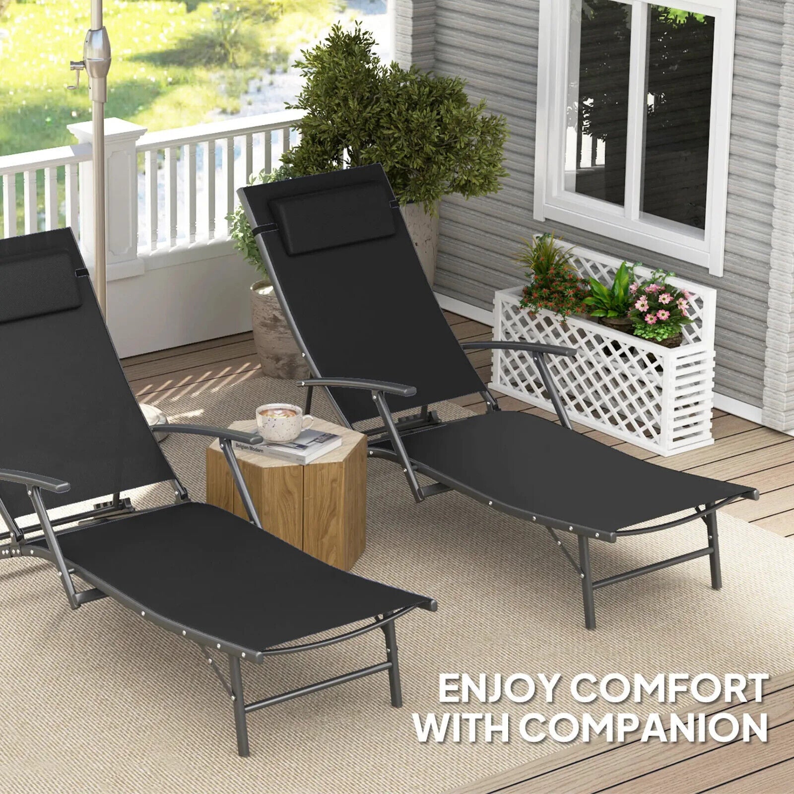 Garden Sun Loungers Set of 2 Folding Chaise Lounge Chairs Grey Patio Furniture - Home and Garden Furniture Shop - #rustic - furniture#