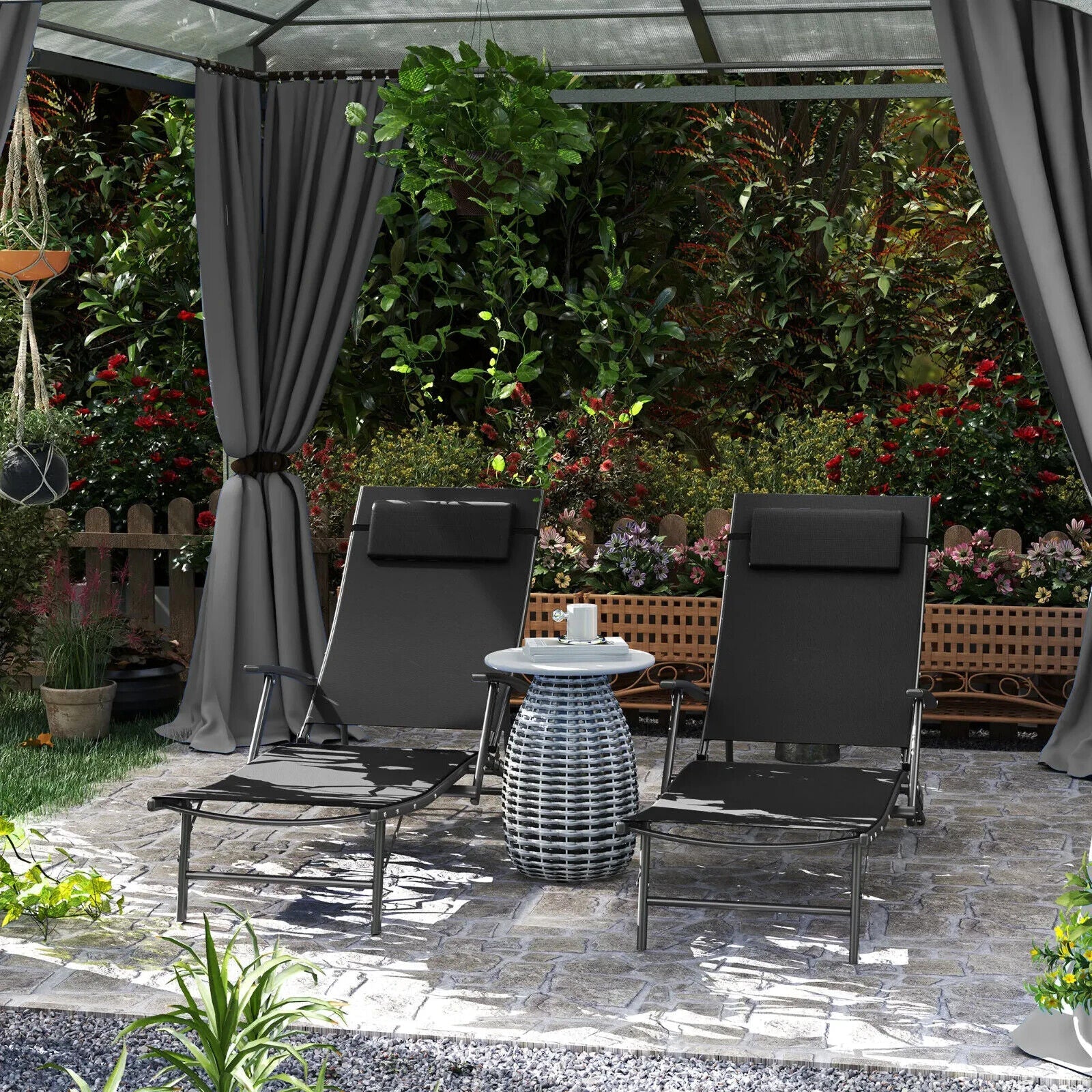 Garden Sun Loungers Set of 2 Folding Chaise Lounge Chairs Grey Patio Furniture - Home and Garden Furniture Shop - #rustic - furniture#