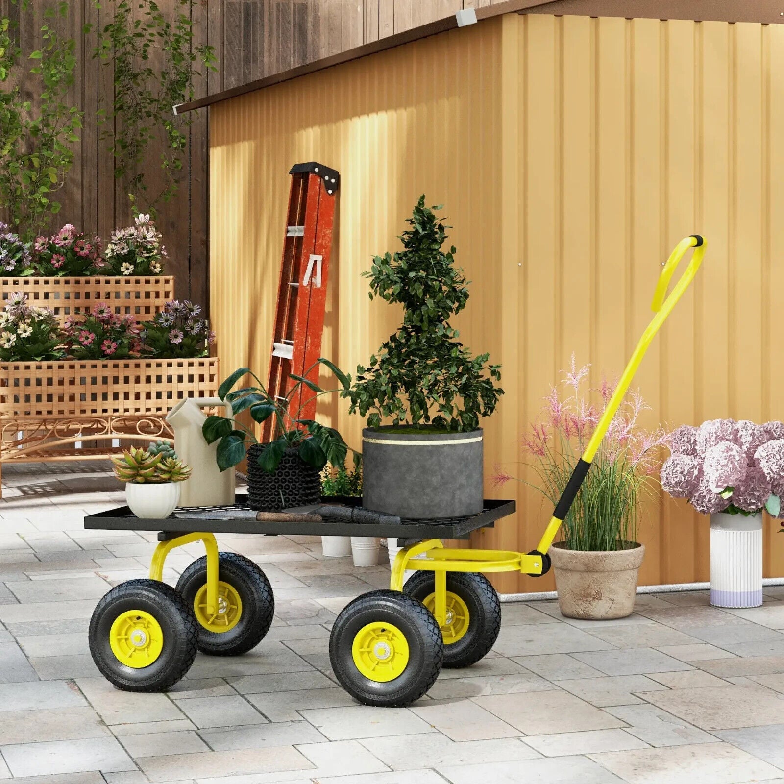 Garden Trolley Cart w/ Pneumatic Wheels & Rotating Handle Heavy - Duty Yard Wagon - Home and Garden Furniture Shop - #rustic - furniture#