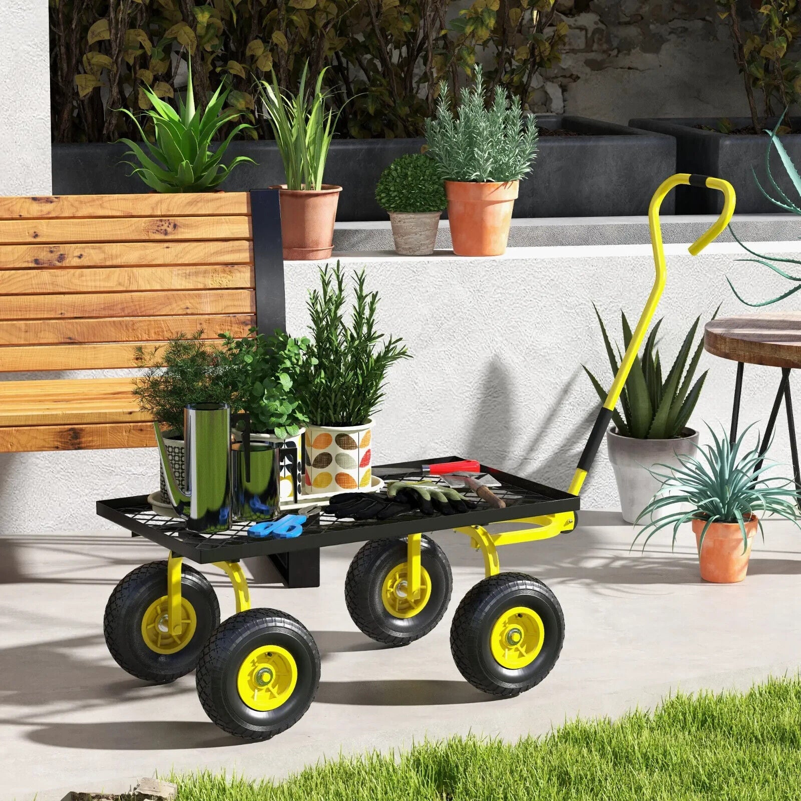 Garden Trolley Cart w/ Pneumatic Wheels & Rotating Handle Heavy - Duty Yard Wagon - Home and Garden Furniture Shop - #rustic - furniture#