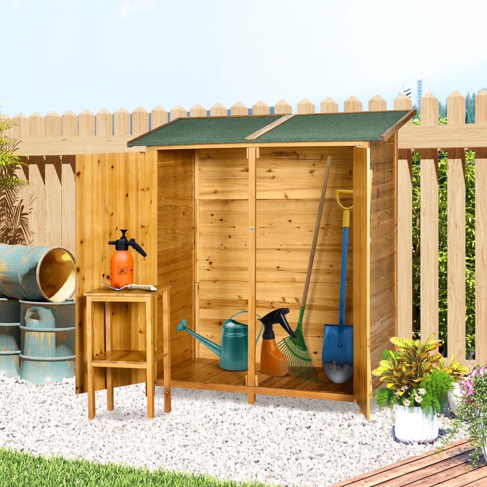 Garden Wood Storage Shed with Flexible Table Hooks Ground Nails Lockable Outdoor - Home and Garden Furniture Shop - #rustic - furniture#