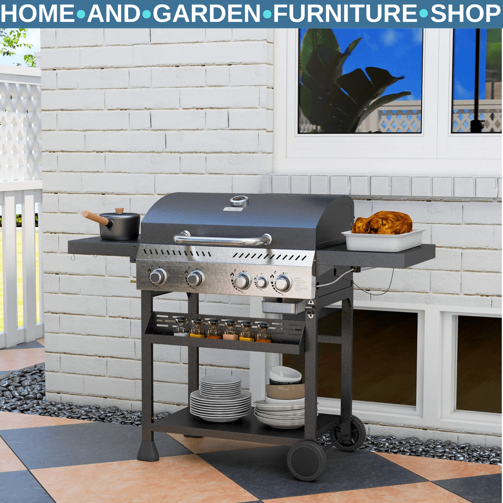 Gas Barbecue Grill Propane with 5 - Burner BBQ Bottle Opener & Thermometer Black - Home and Garden Furniture Shop - rustic - furniture