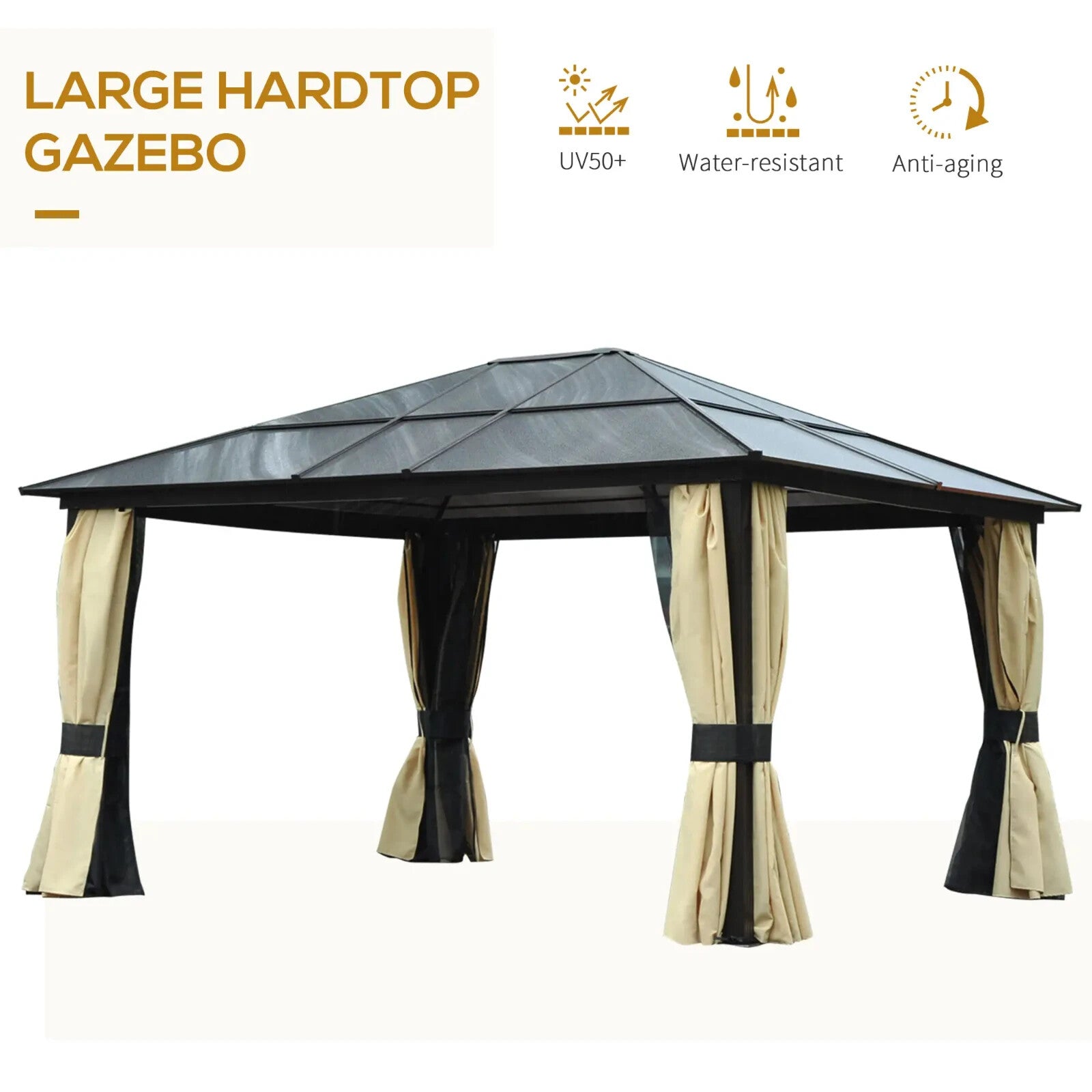 Gazebo Canopy Hardtop W/ Polycarbonate Roof, Mosquito Netting & Curtains Black - Home and Garden Furniture Shop - rustic - furniture