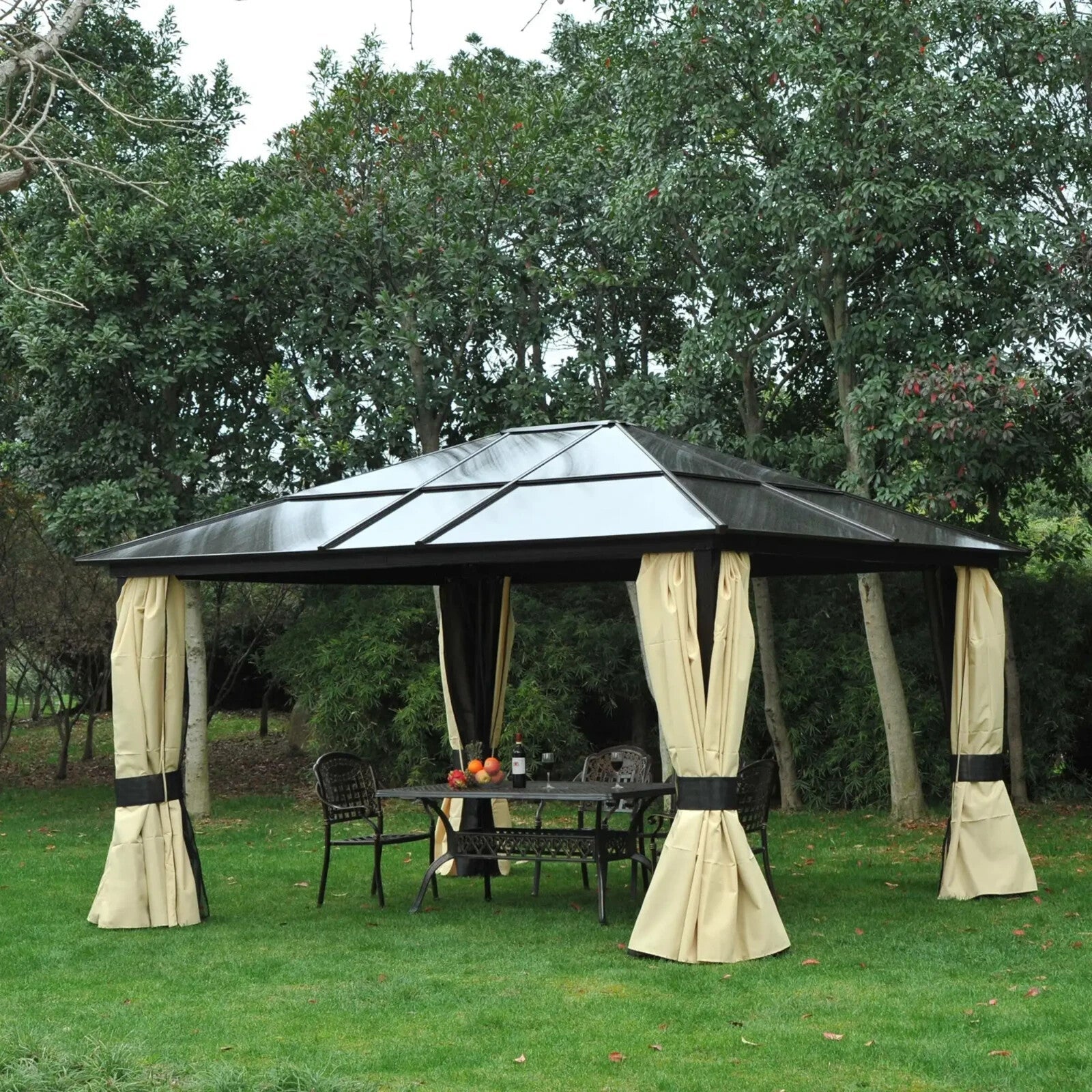 Gazebo Canopy Hardtop W/ Polycarbonate Roof, Mosquito Netting & Curtains Black - Home and Garden Furniture Shop - rustic - furniture