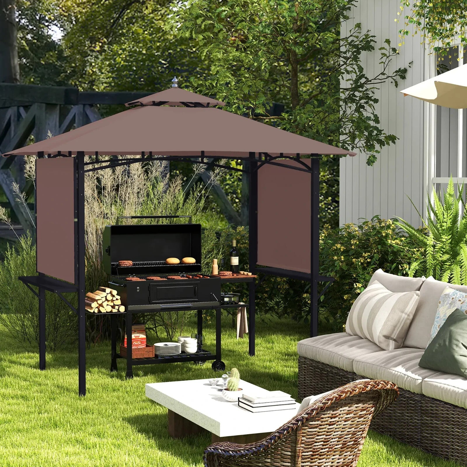 Gazebo Canopy Shelter Double Roof With Extendable Side Awnings & Shelves Coffee - Home and Garden Furniture Shop - #rustic - furniture#