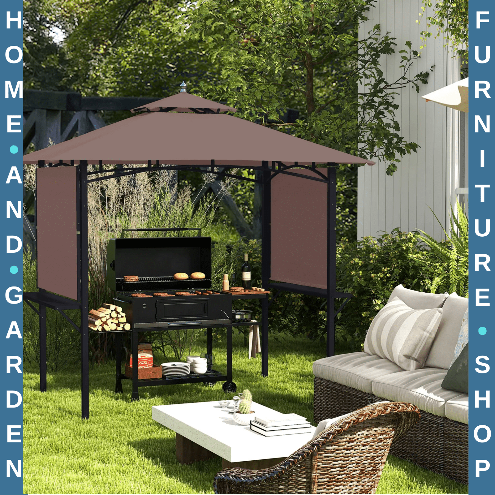 Gazebo Canopy Shelter Double Roof With Extendable Side Awnings & Shelves Coffee - Home and Garden Furniture Shop - #rustic - furniture#